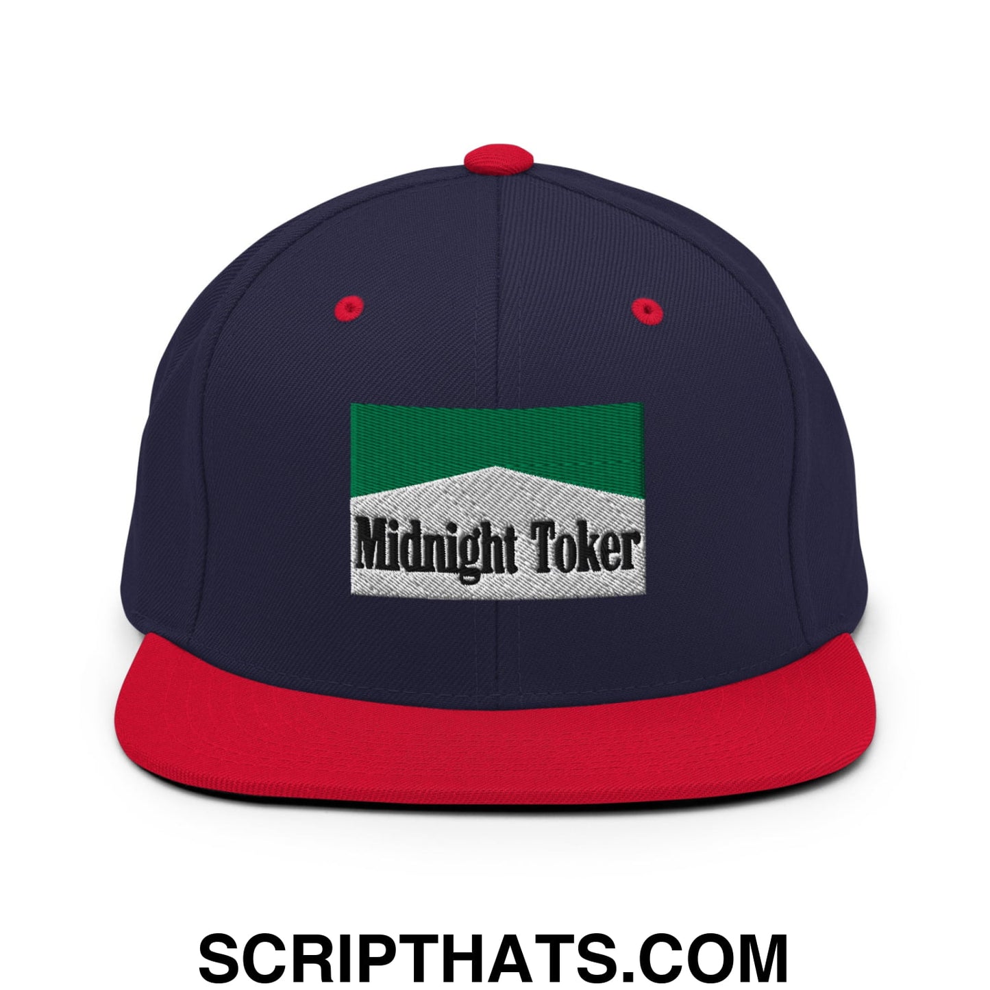 Midnight Toker Cigarette Menthol Green Embroidered Flat Bill Brim Snapback Hat Navy Red