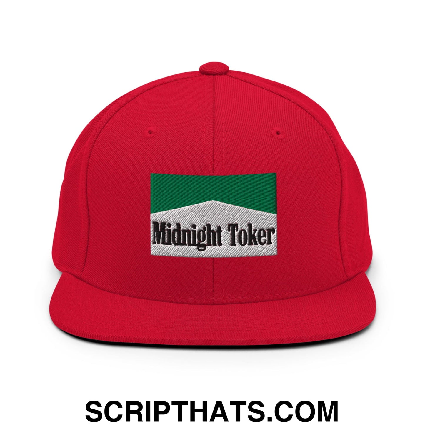 Midnight Toker Cigarette Menthol Green Embroidered Flat Bill Brim Snapback Hat Red