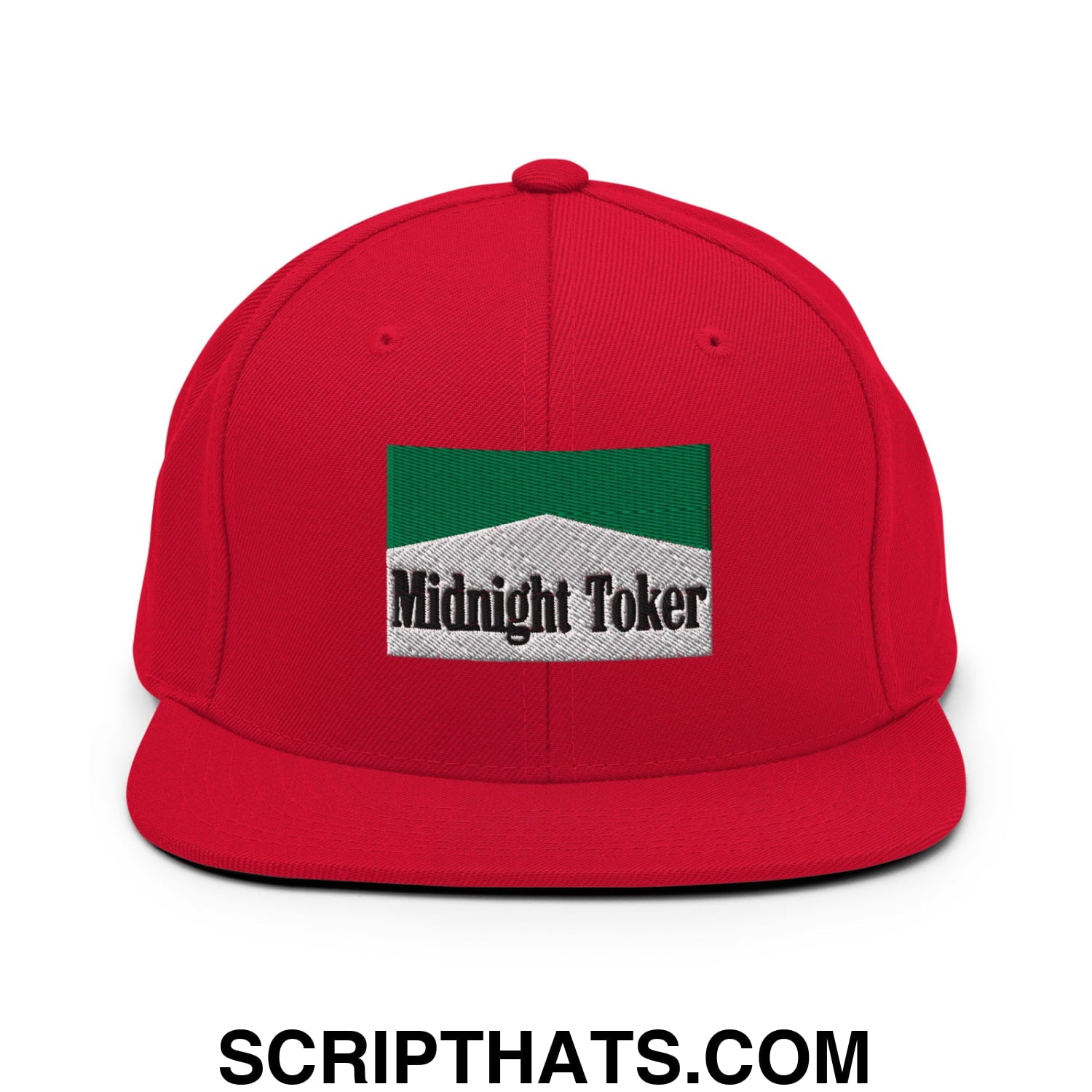 Midnight Toker Cigarette Menthol Green Embroidered Flat Bill Brim Snapback Hat Red