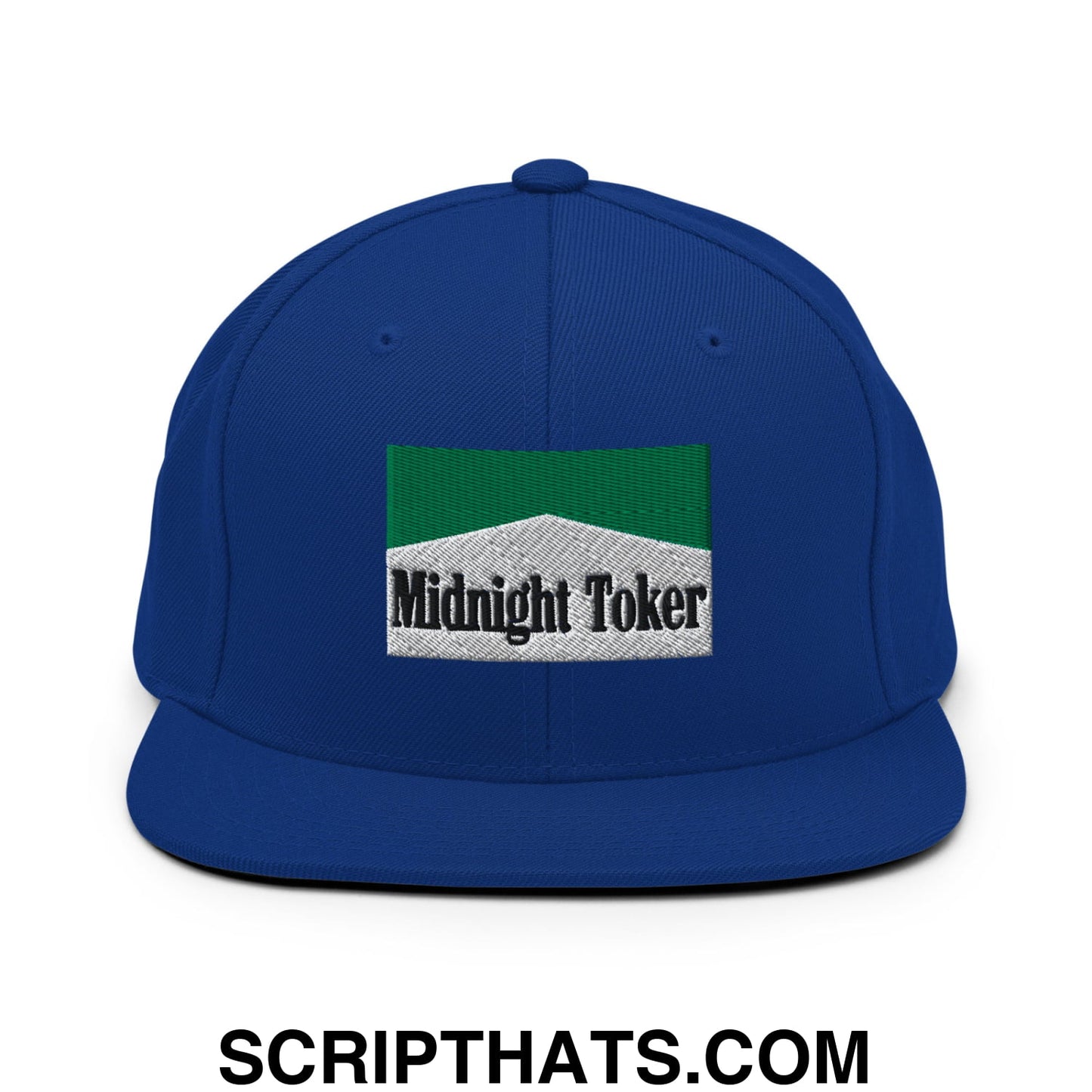 Midnight Toker Cigarette Menthol Green Embroidered Flat Bill Brim Snapback Hat Royal Blue