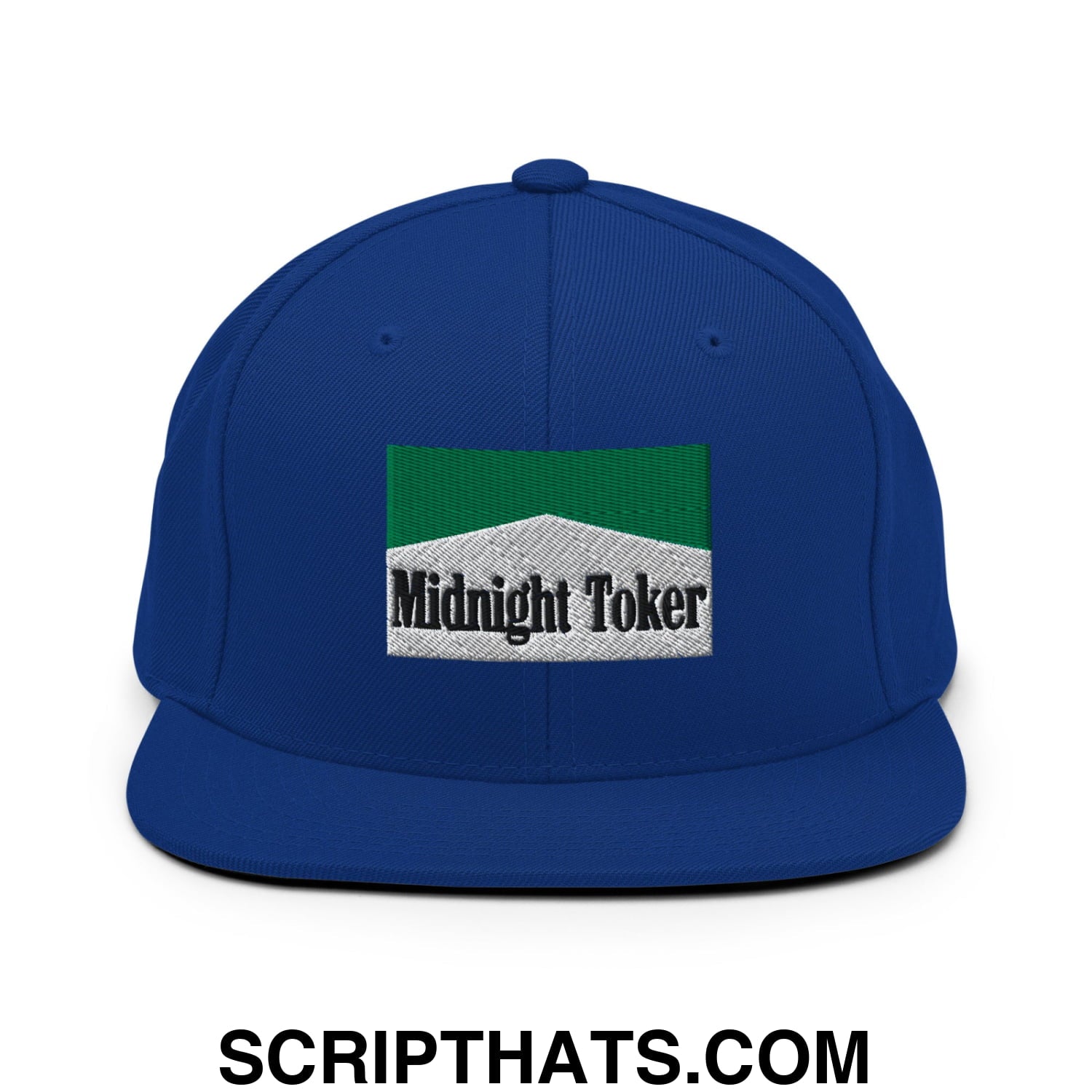 Midnight Toker Cigarette Menthol Green Embroidered Flat Bill Brim Snapback Hat Royal Blue