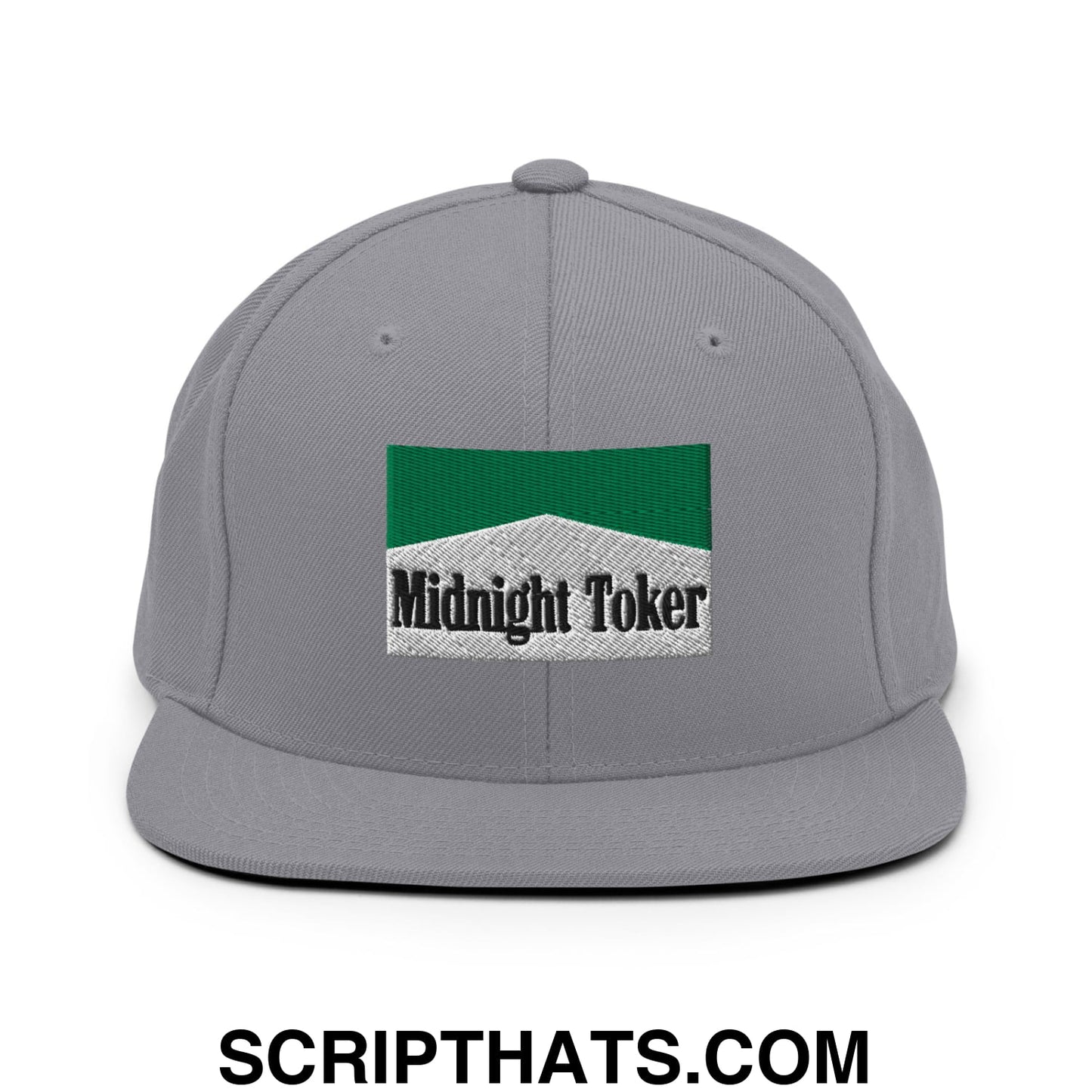 Midnight Toker Cigarette Menthol Green Embroidered Flat Bill Brim Snapback Hat Silver