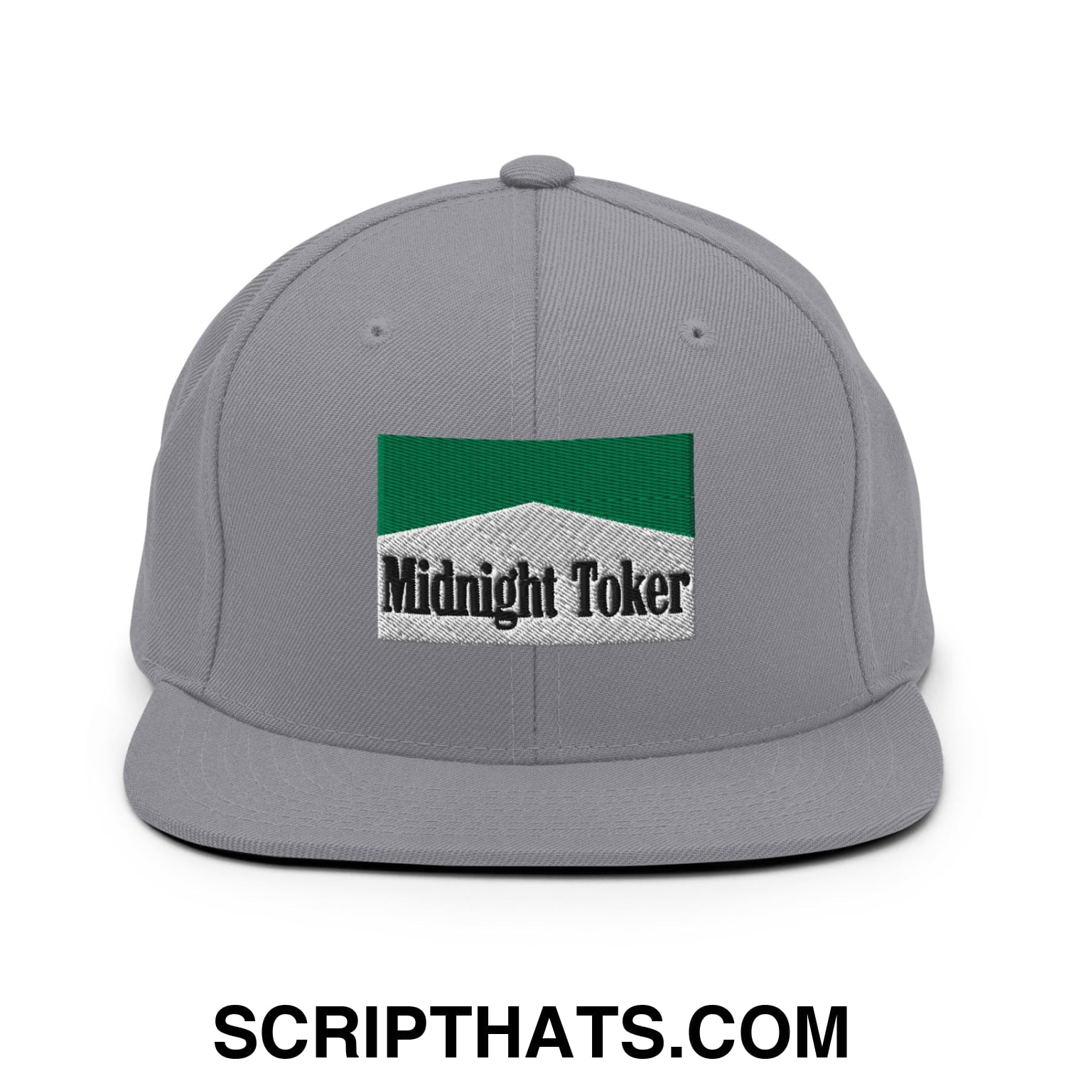 Midnight Toker Cigarette Menthol Green Embroidered Flat Bill Brim Snapback Hat Silver