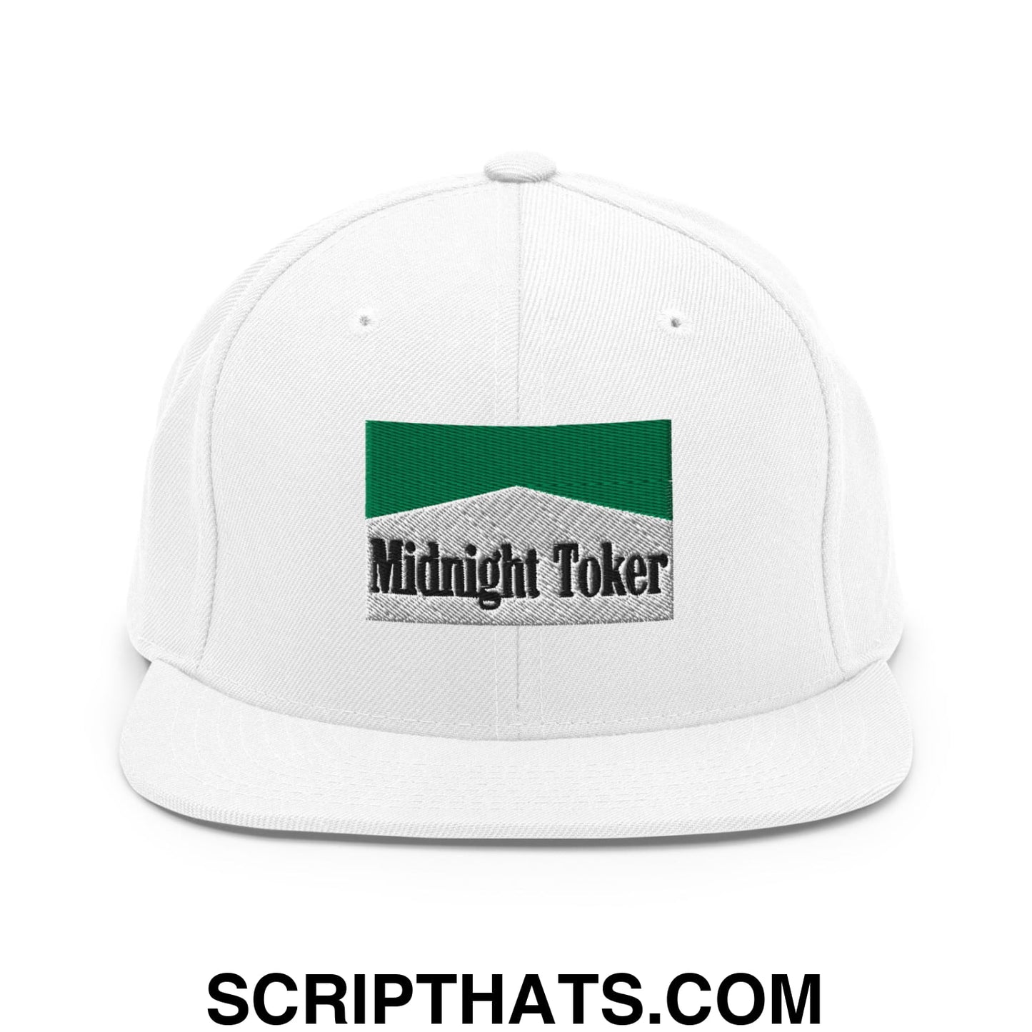 Midnight Toker Cigarette Menthol Green Embroidered Flat Bill Brim Snapback Hat White