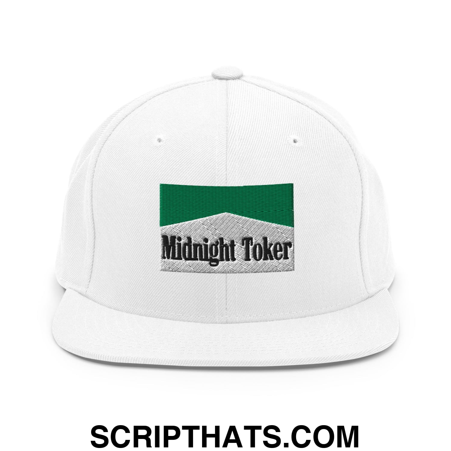 Midnight Toker Cigarette Menthol Green Embroidered Flat Bill Brim Snapback Hat White
