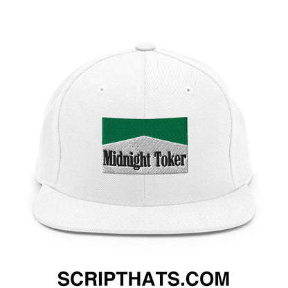 Midnight Toker Cigarette Menthol Green Embroidered Flat Bill Brim Snapback Hat White