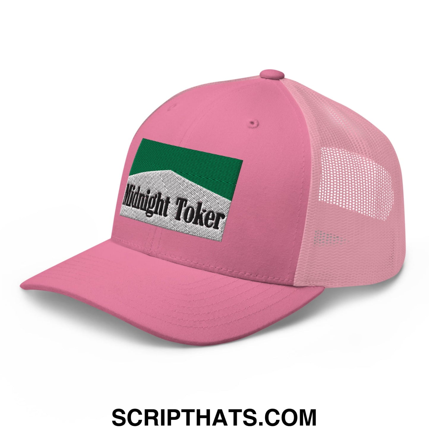 Midnight Toker Cigarette Menthol Green Embroidered Mesh Trucker Hat Pink
