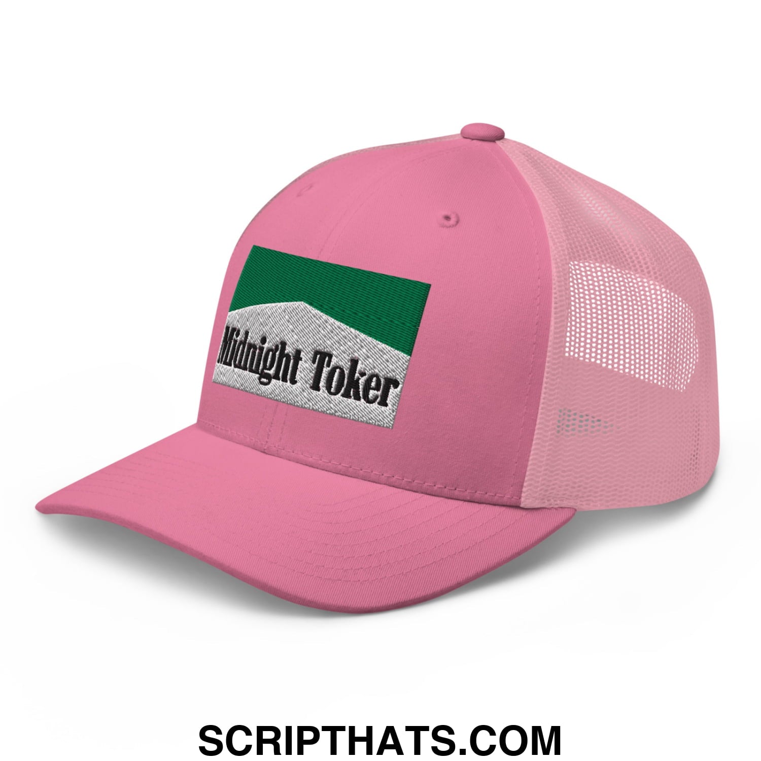 Midnight Toker Cigarette Menthol Green Embroidered Mesh Trucker Hat Pink