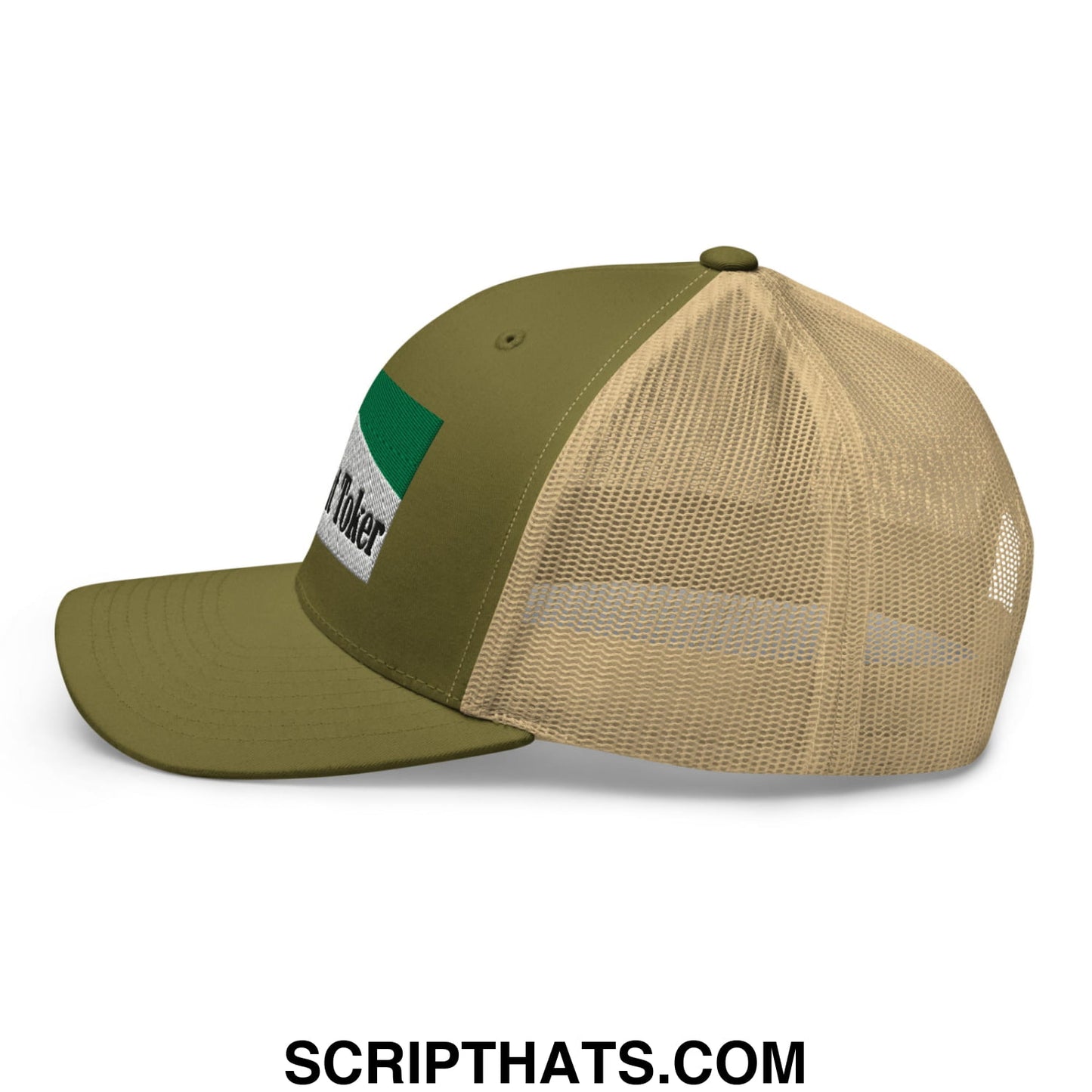 Midnight Toker Cigarette Menthol Green Embroidered Mesh Trucker Hat Moss Khaki