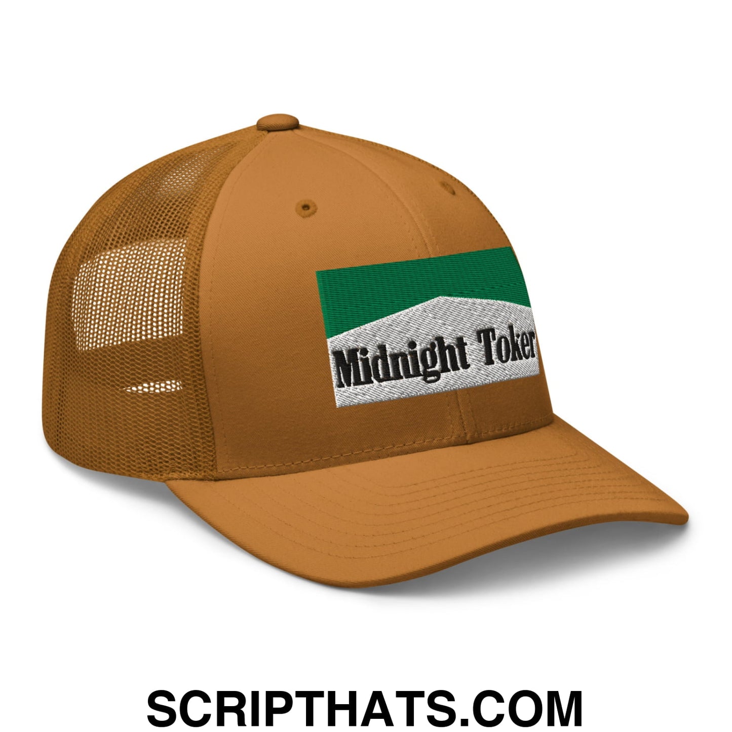 Midnight Toker Cigarette Menthol Green Embroidered Mesh Trucker Hat Caramel