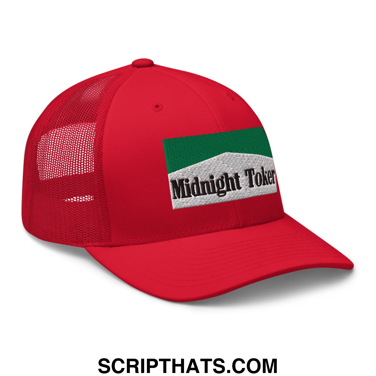 Midnight Toker Cigarette Menthol Green Embroidered Mesh Trucker Hat Red