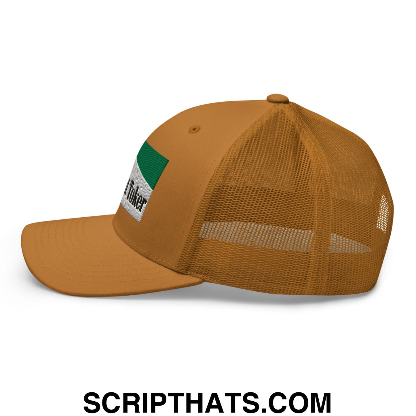 Midnight Toker Cigarette Menthol Green Embroidered Mesh Trucker Hat Caramel