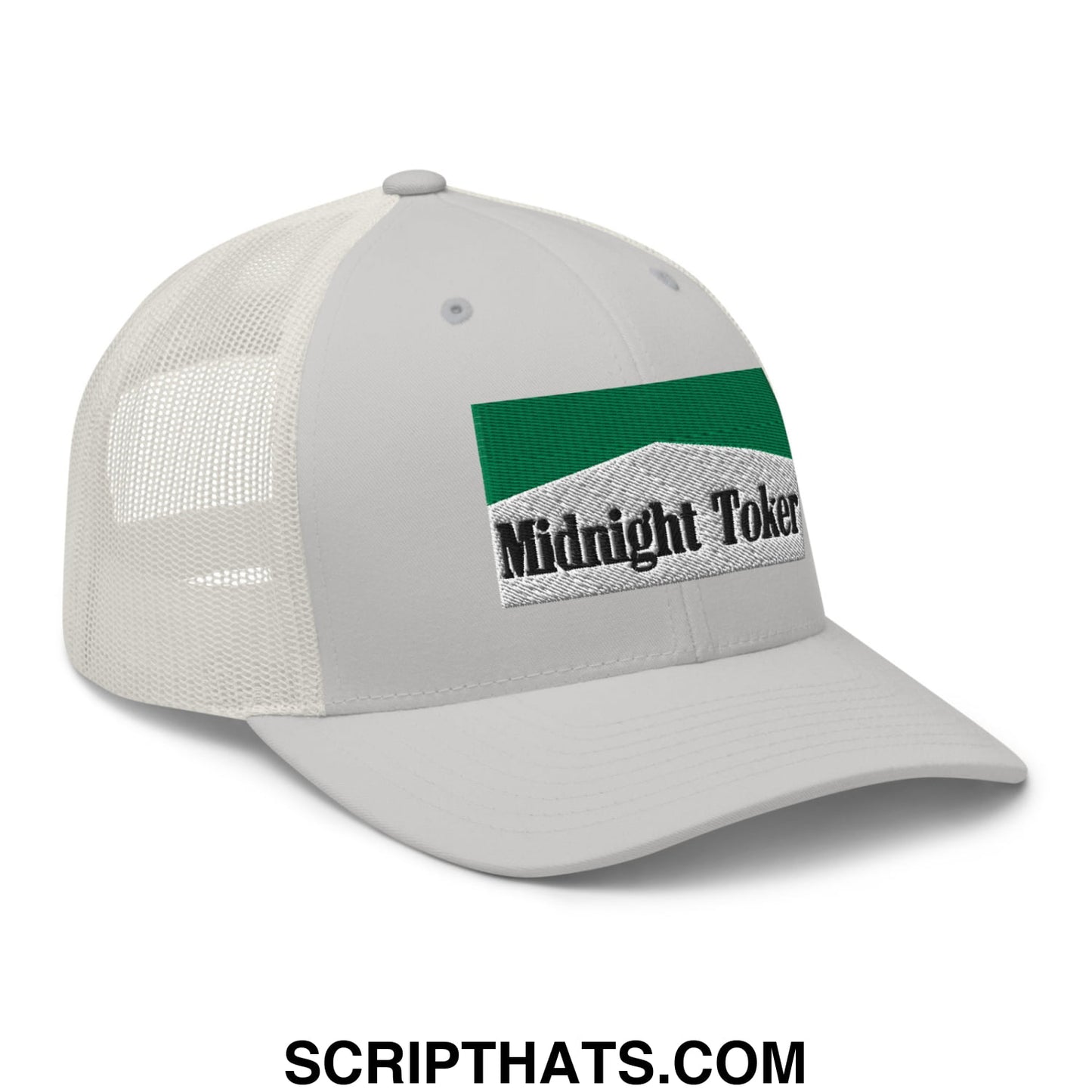 Midnight Toker Cigarette Menthol Green Embroidered Mesh Trucker Hat Silver