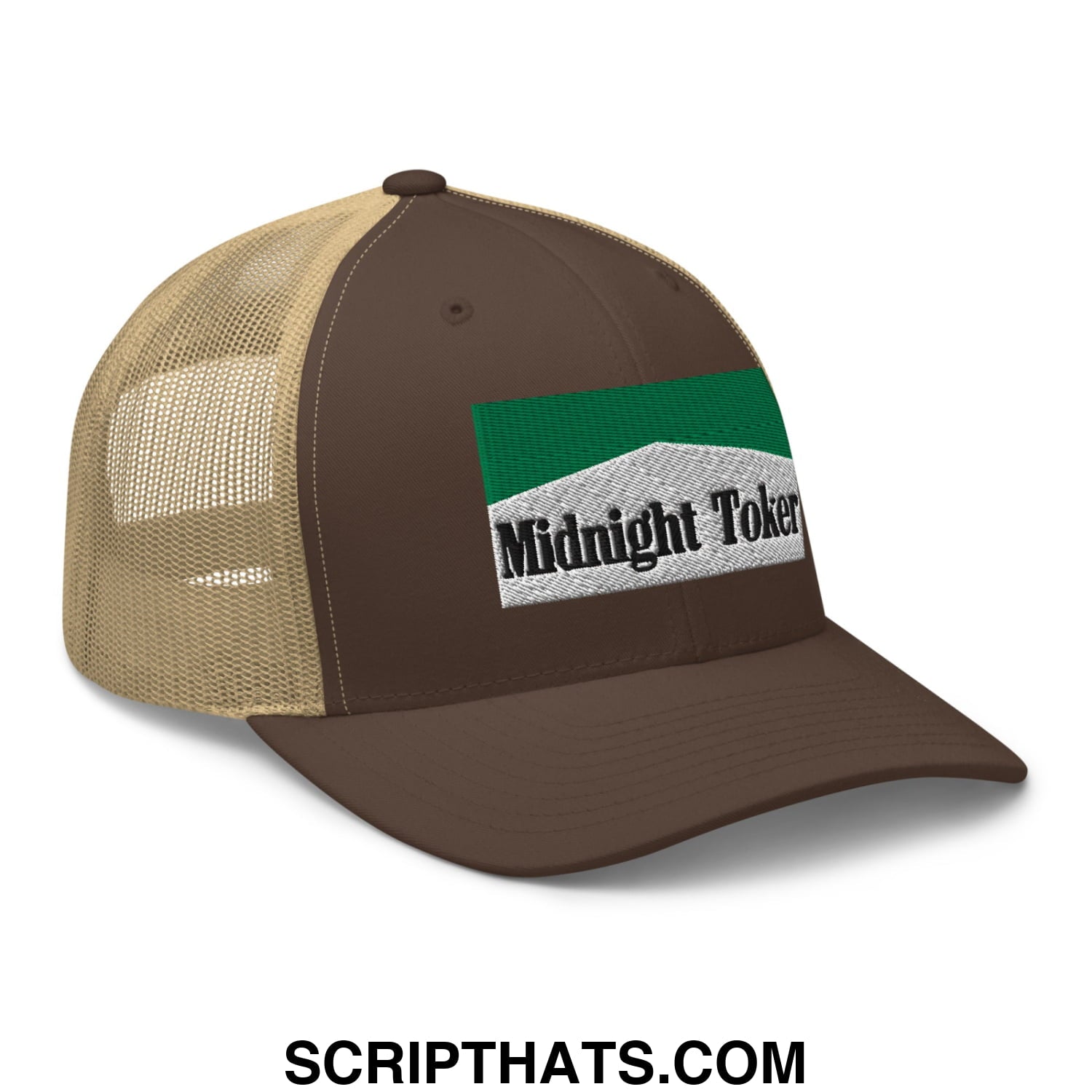 Midnight Toker Cigarette Menthol Green Embroidered Mesh Trucker Hat Brown Khaki