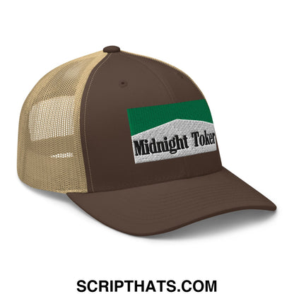 Midnight Toker Cigarette Menthol Green Embroidered Mesh Trucker Hat Brown Khaki