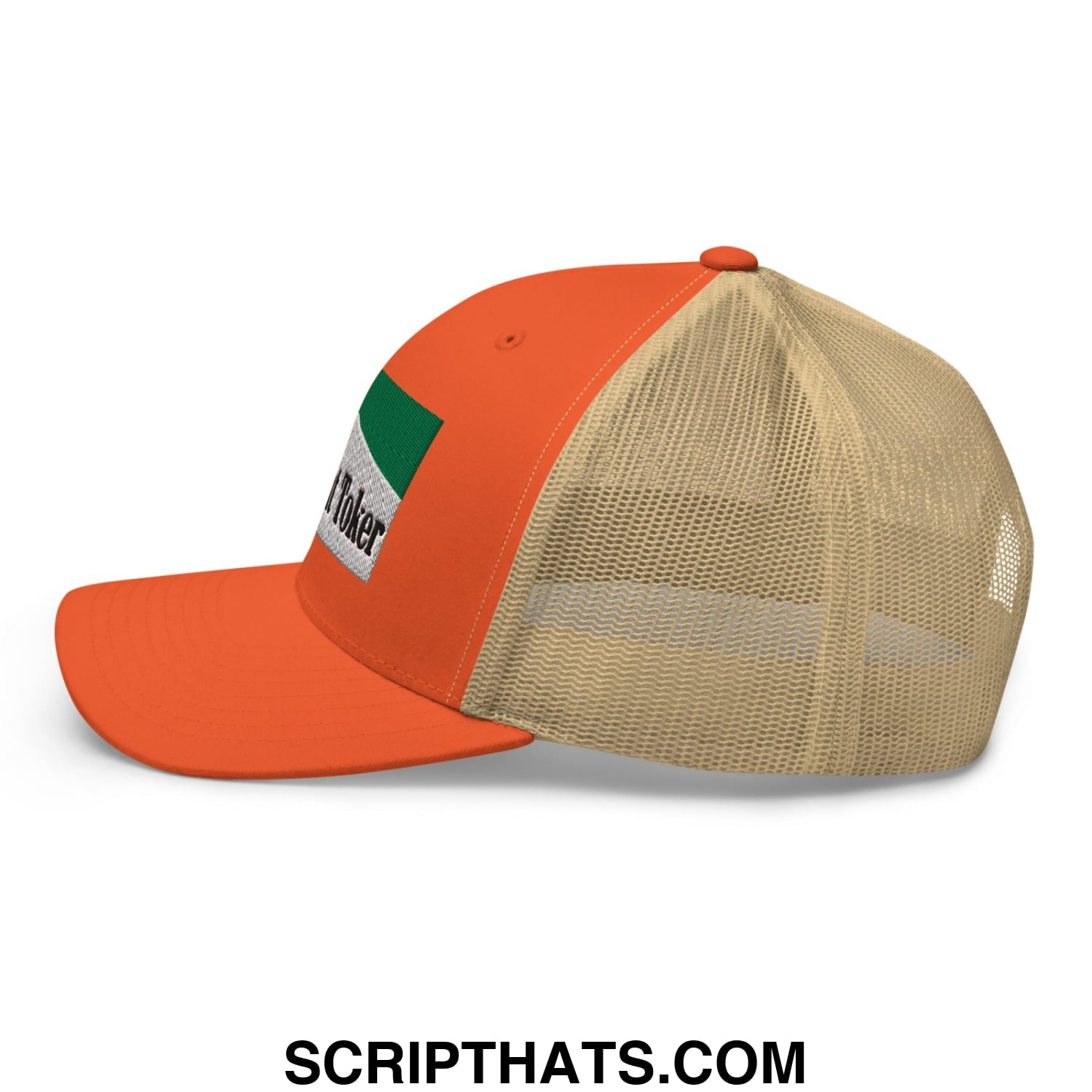 Midnight Toker Cigarette Menthol Green Embroidered Mesh Trucker Hat Rustic Orange Khaki