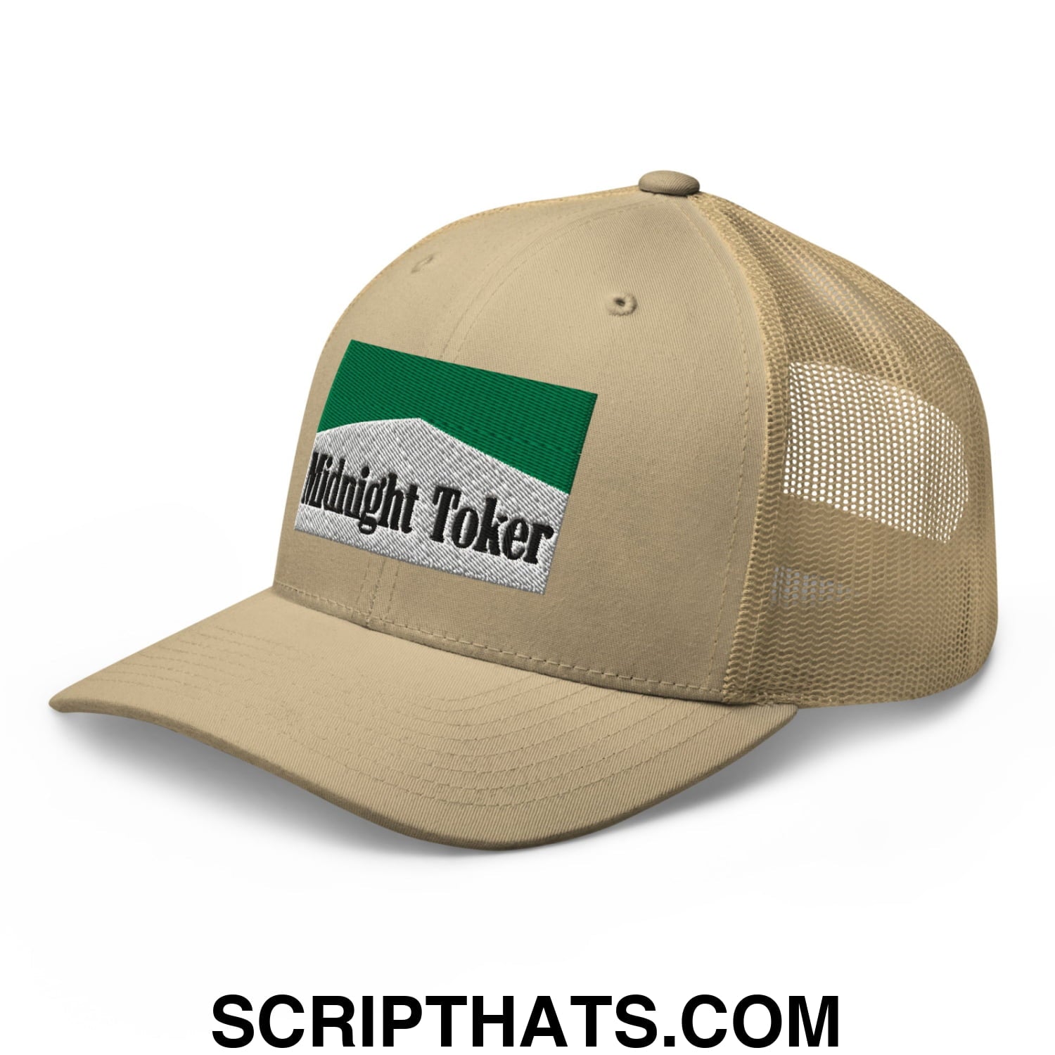 Midnight Toker Cigarette Menthol Green Embroidered Mesh Trucker Hat Khaki