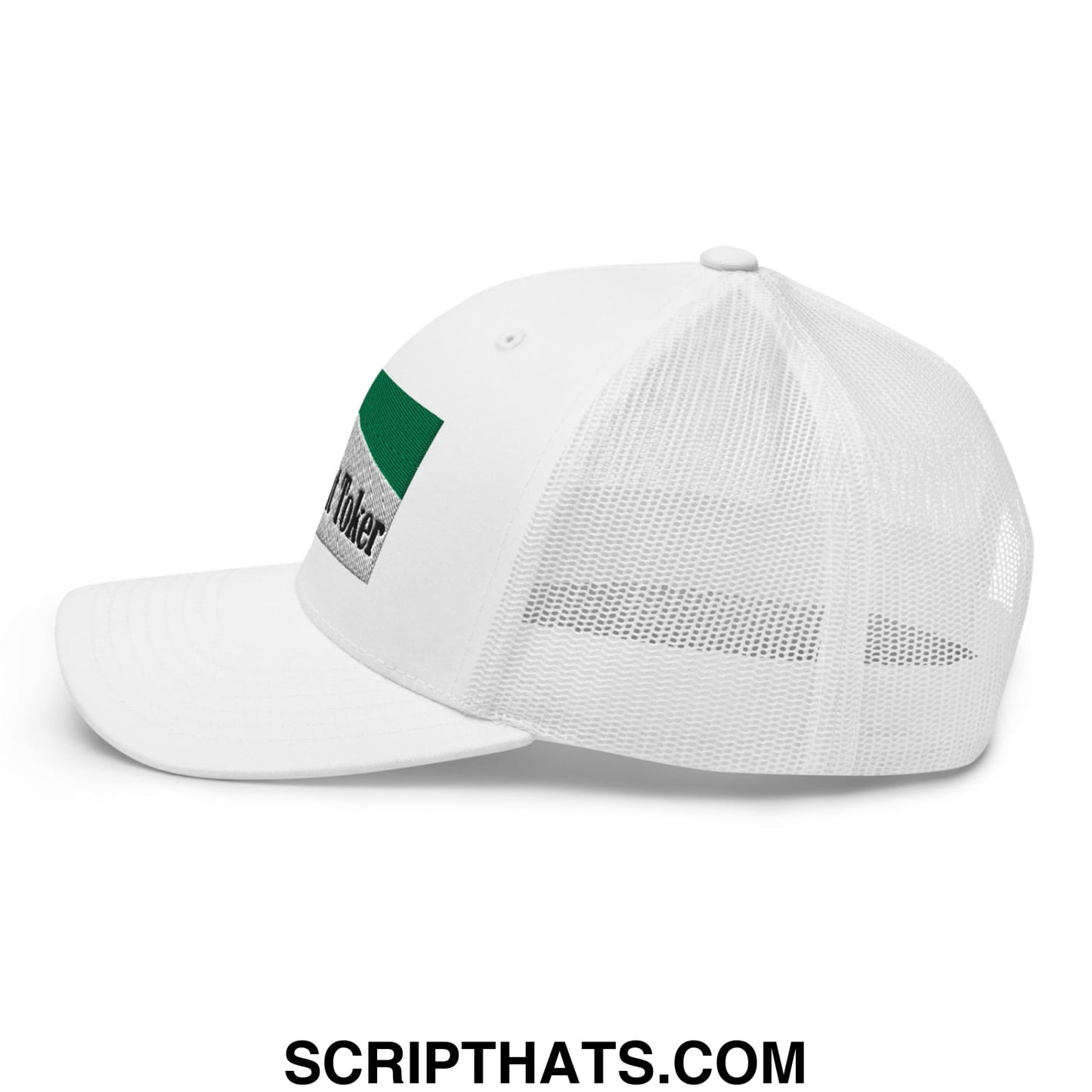 Midnight Toker Cigarette Menthol Green Embroidered Mesh Trucker Hat White