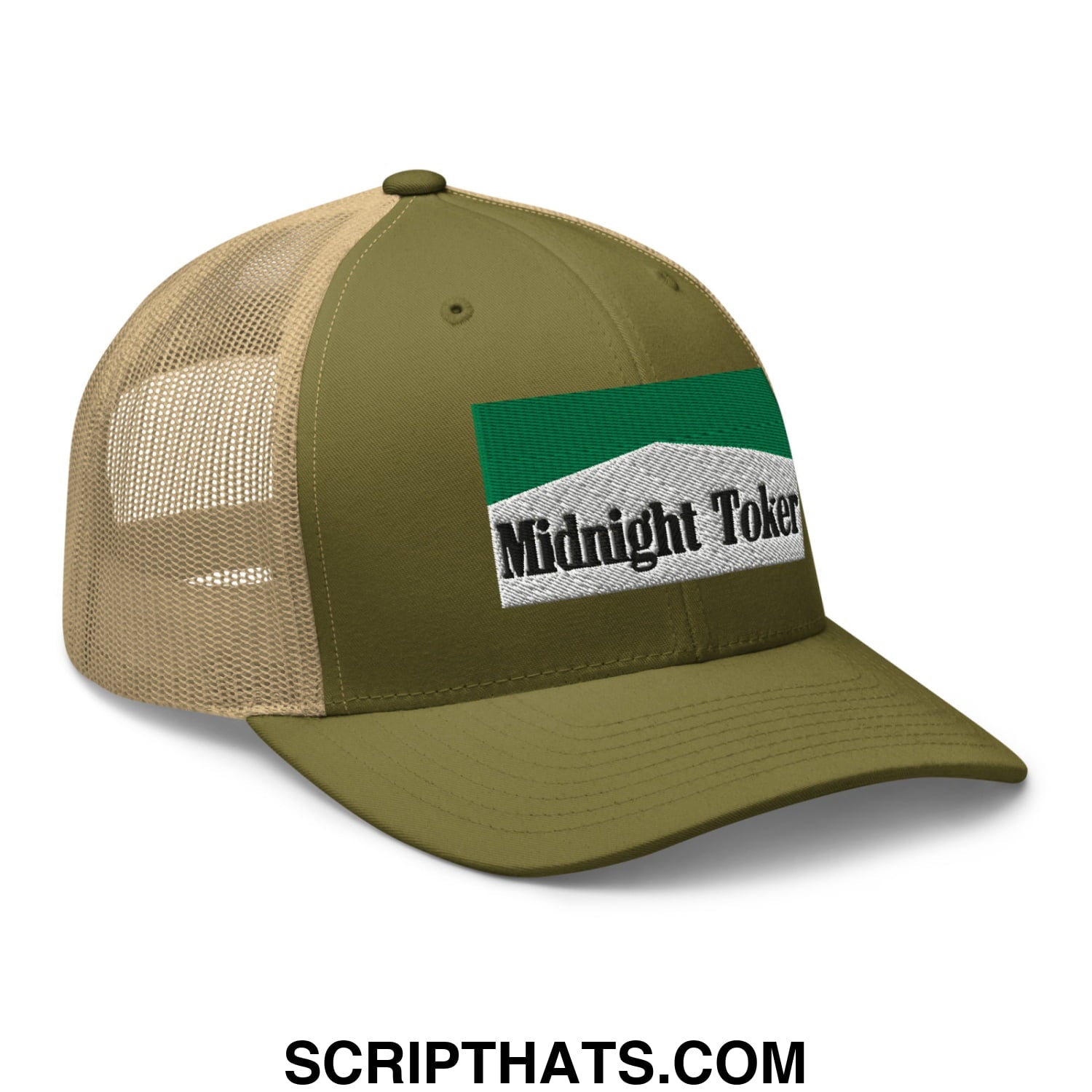 Midnight Toker Cigarette Menthol Green Embroidered Mesh Trucker Hat Moss Khaki