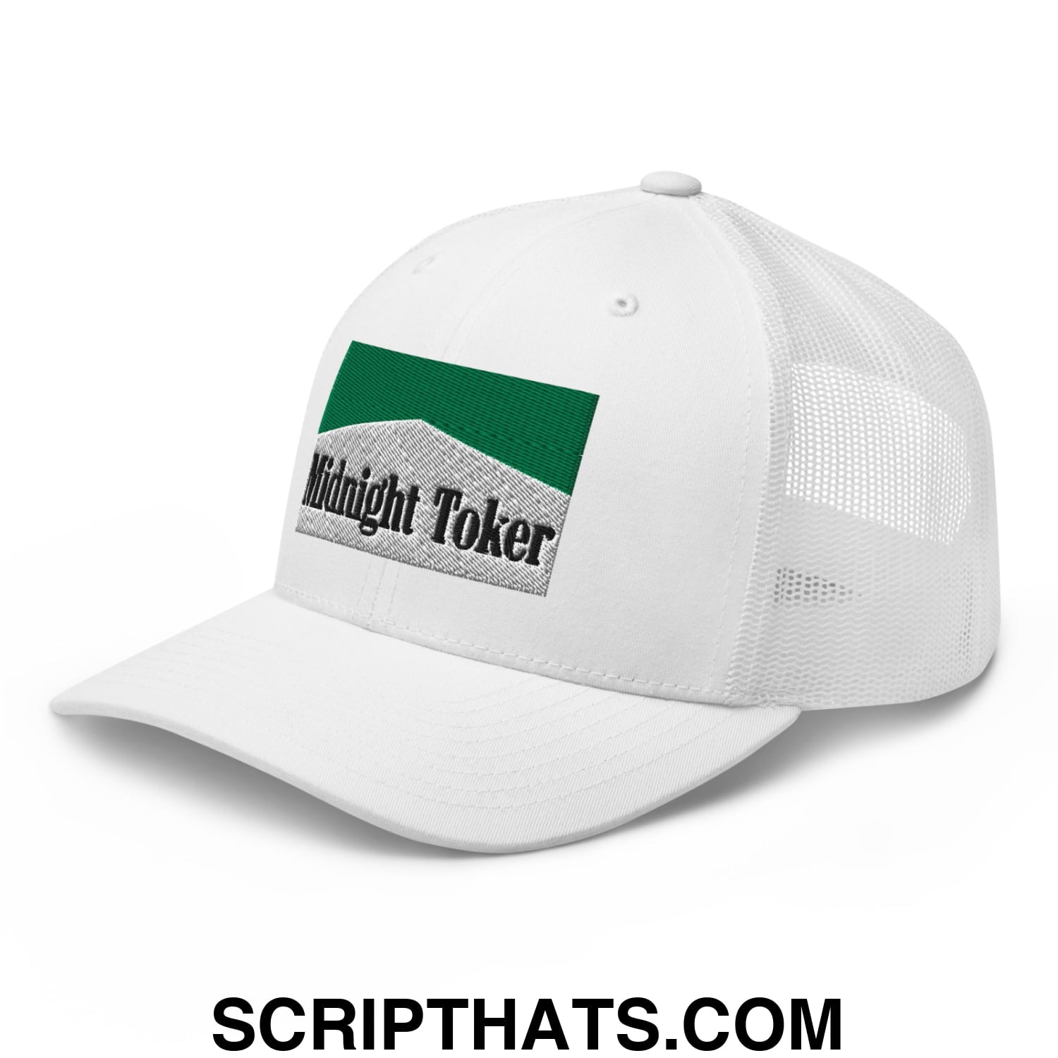 Midnight Toker Cigarette Menthol Green Embroidered Mesh Trucker Hat White