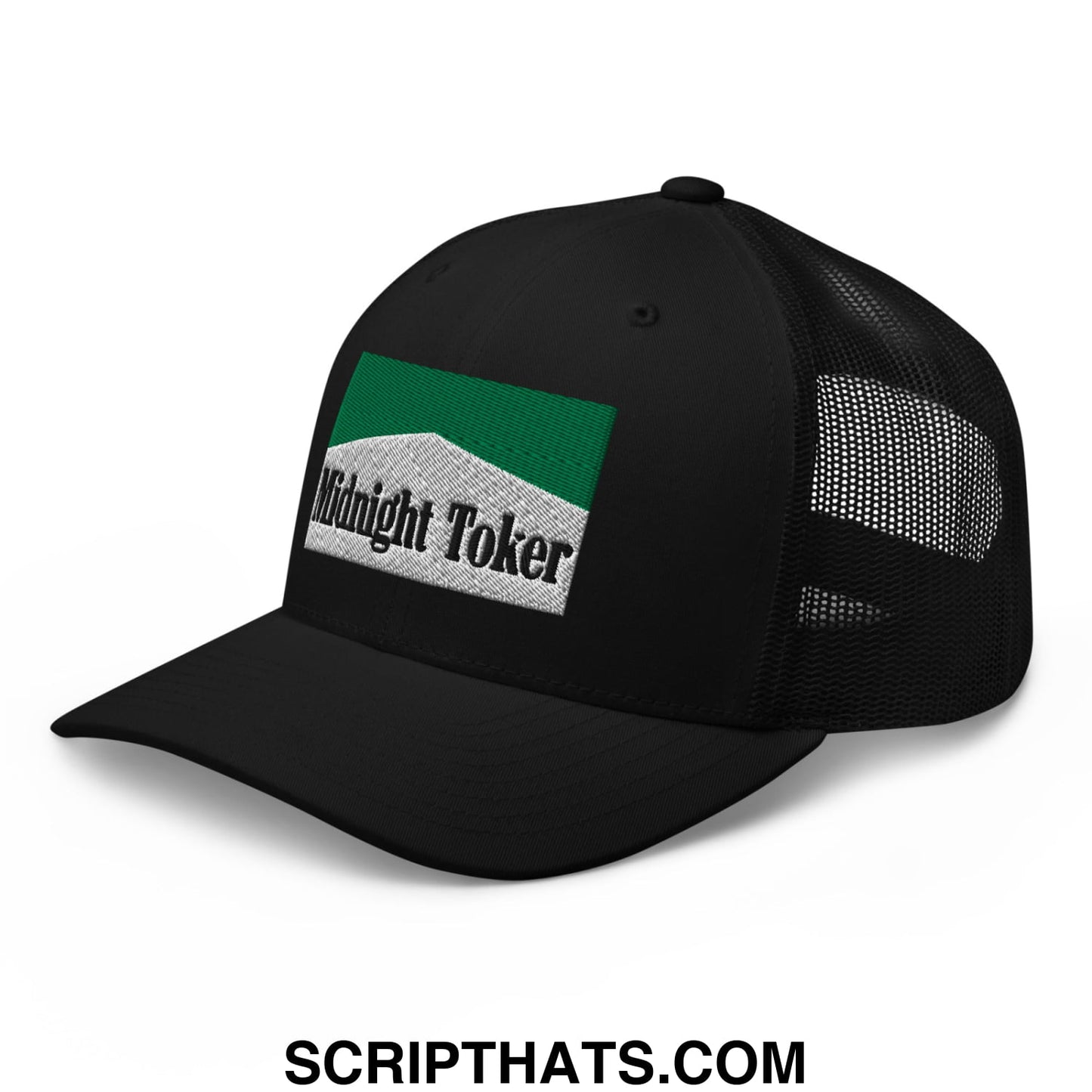 Midnight Toker Cigarette Menthol Green Embroidered Mesh Trucker Hat Black