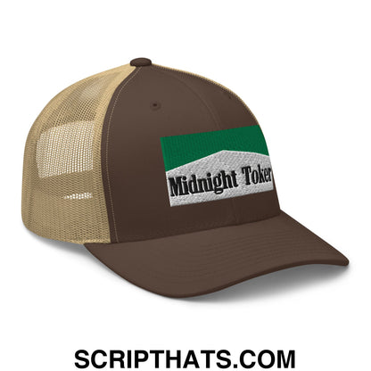 Midnight Toker Cigarette Menthol Green Embroidered Mesh Trucker Hat Brown Khaki