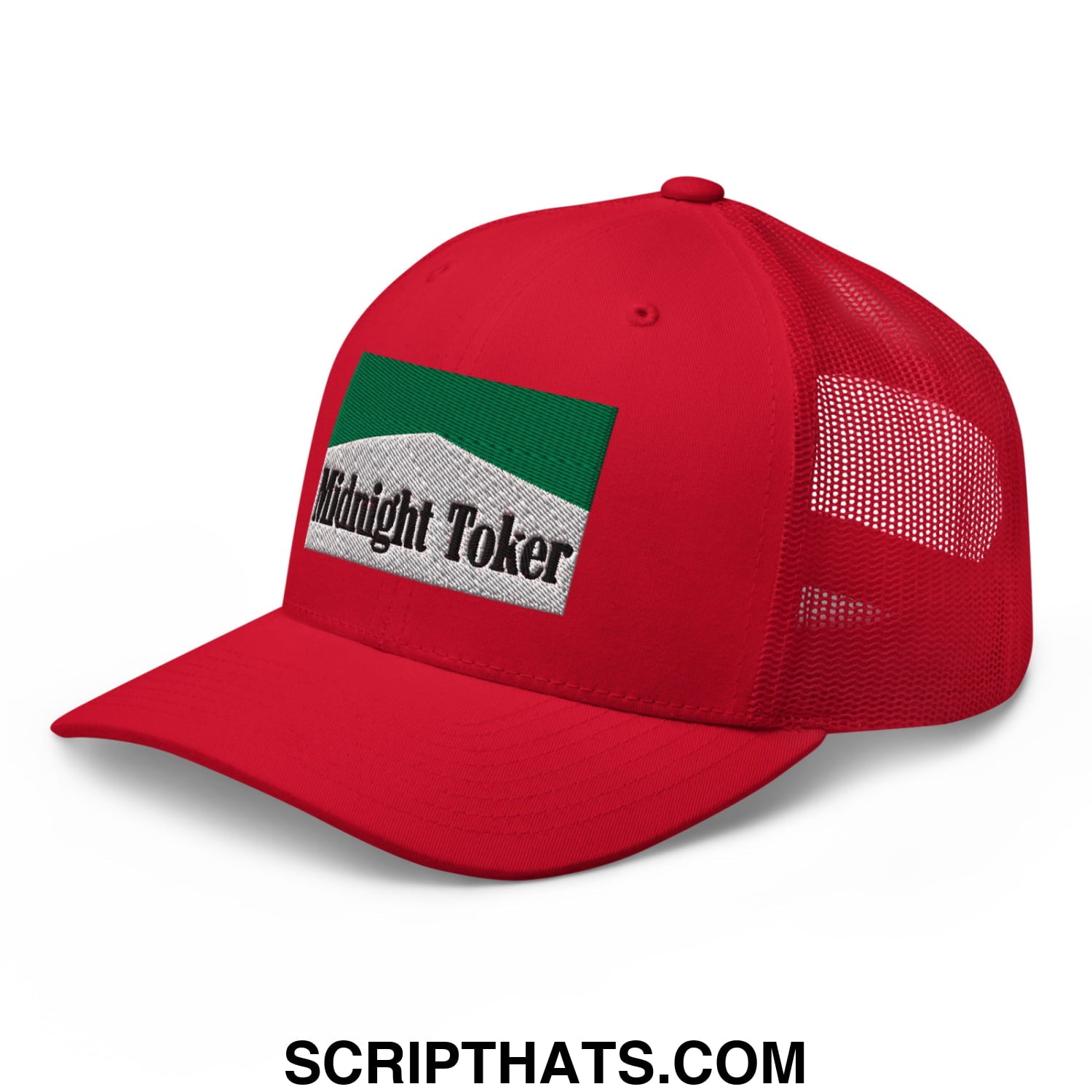 Midnight Toker Cigarette Menthol Green Embroidered Mesh Trucker Hat Red