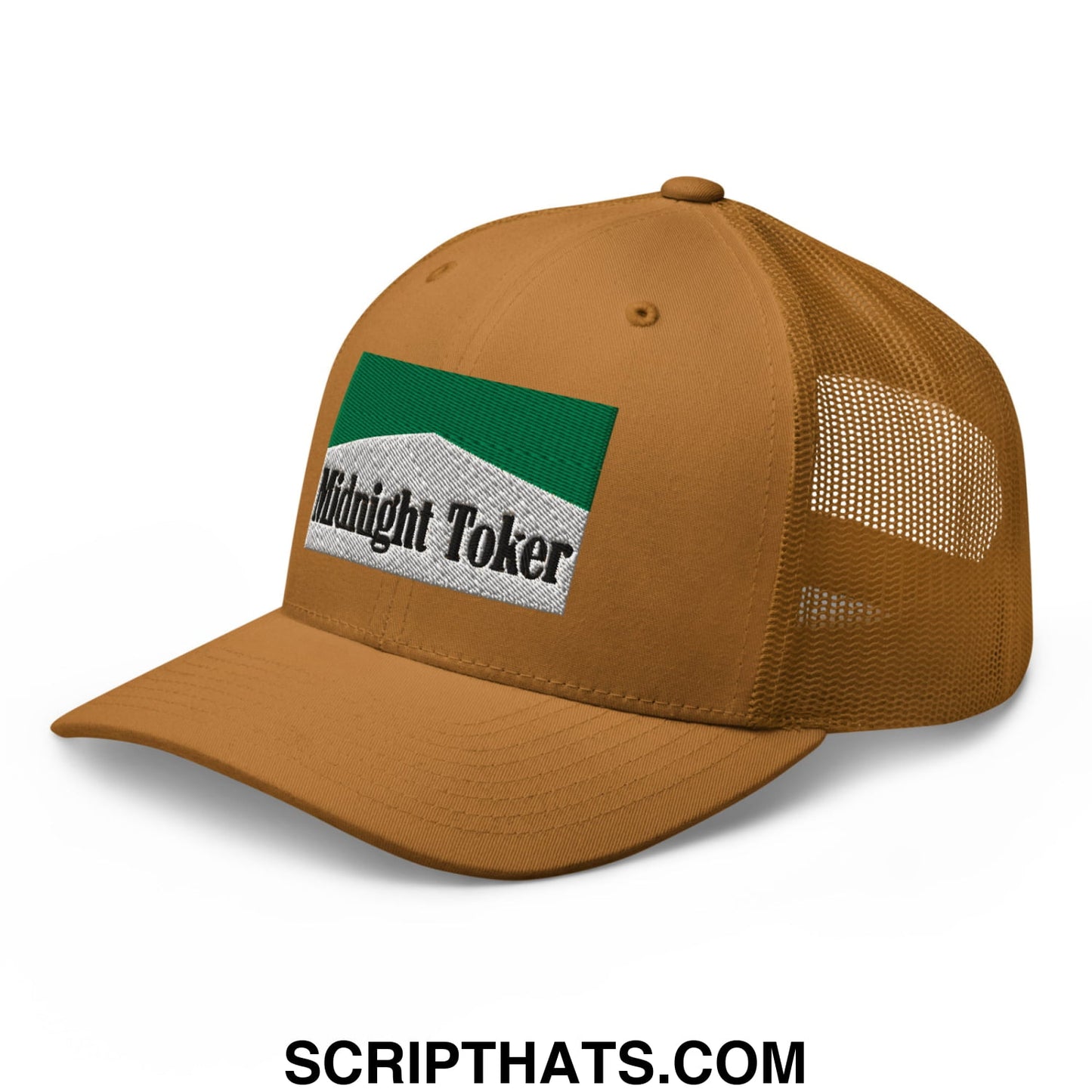Midnight Toker Cigarette Menthol Green Embroidered Mesh Trucker Hat Caramel