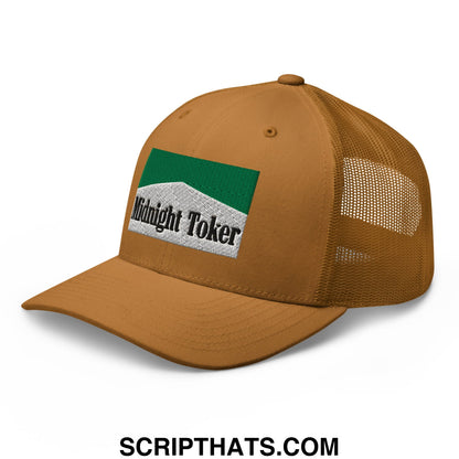 Midnight Toker Cigarette Menthol Green Embroidered Mesh Trucker Hat Caramel