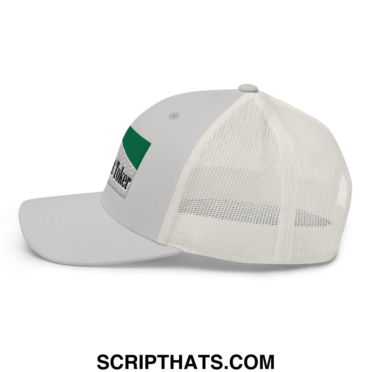 Midnight Toker Cigarette Menthol Green Embroidered Mesh Trucker Hat Silver
