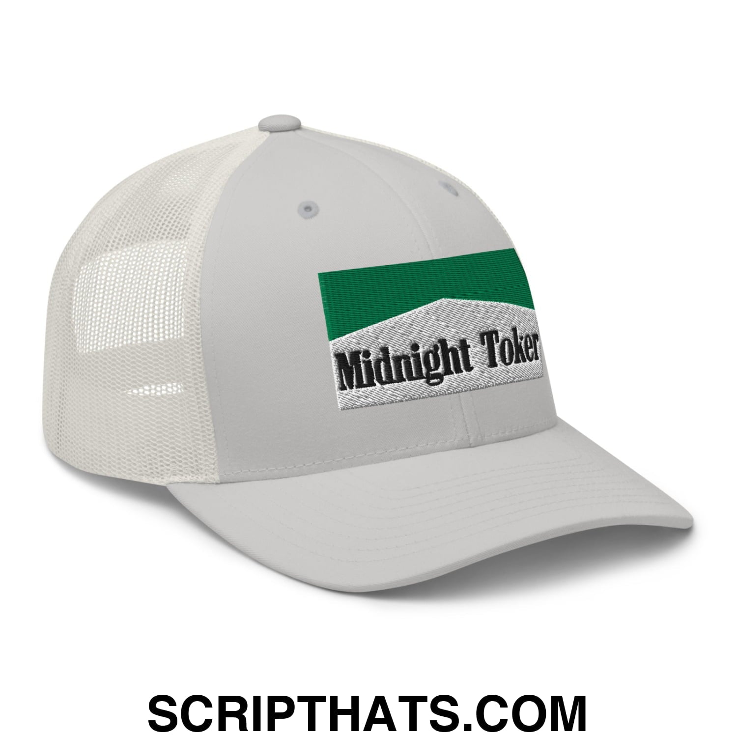 Midnight Toker Cigarette Menthol Green Embroidered Mesh Trucker Hat Silver