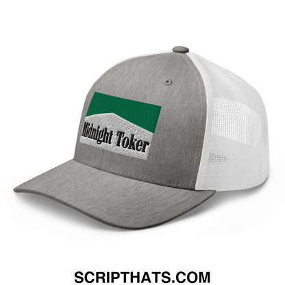 Gray and white mesh trucker hat with green and gray embroidered patch reading midnight toker for cigarette menthol fans
