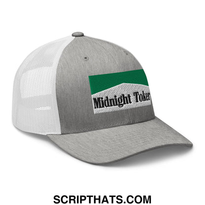 Midnight Toker Cigarette Menthol Green Embroidered Mesh Trucker Hat Heather Grey White