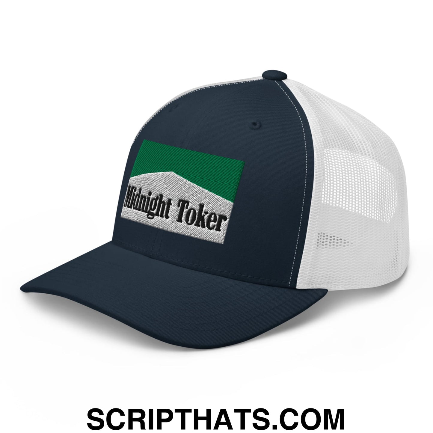 Midnight Toker Cigarette Menthol Green Embroidered Mesh Trucker Hat Navy White