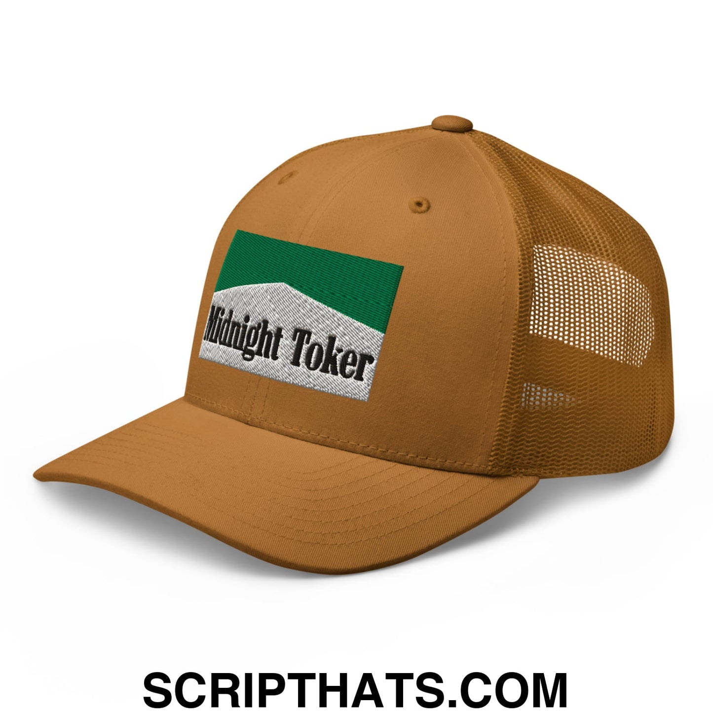 Midnight Toker Cigarette Menthol Green Embroidered Mesh Trucker Hat Caramel