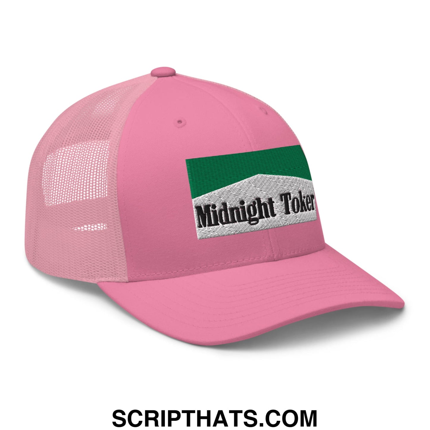 Midnight Toker Cigarette Menthol Green Embroidered Mesh Trucker Hat Pink