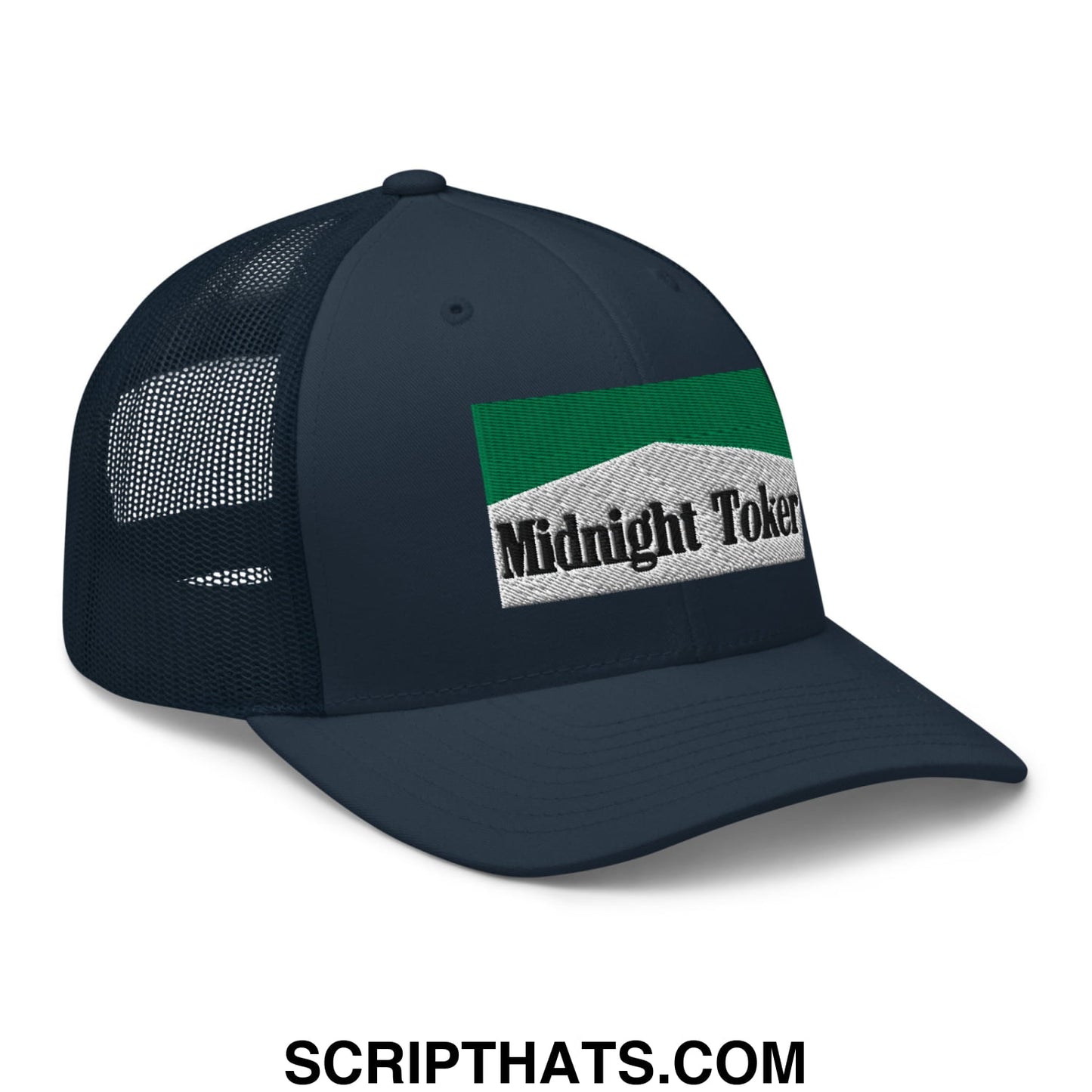 Midnight Toker Cigarette Menthol Green Embroidered Mesh Trucker Hat Navy