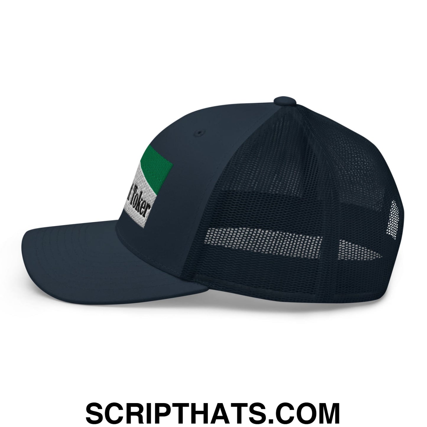 Midnight Toker Cigarette Menthol Green Embroidered Mesh Trucker Hat Navy