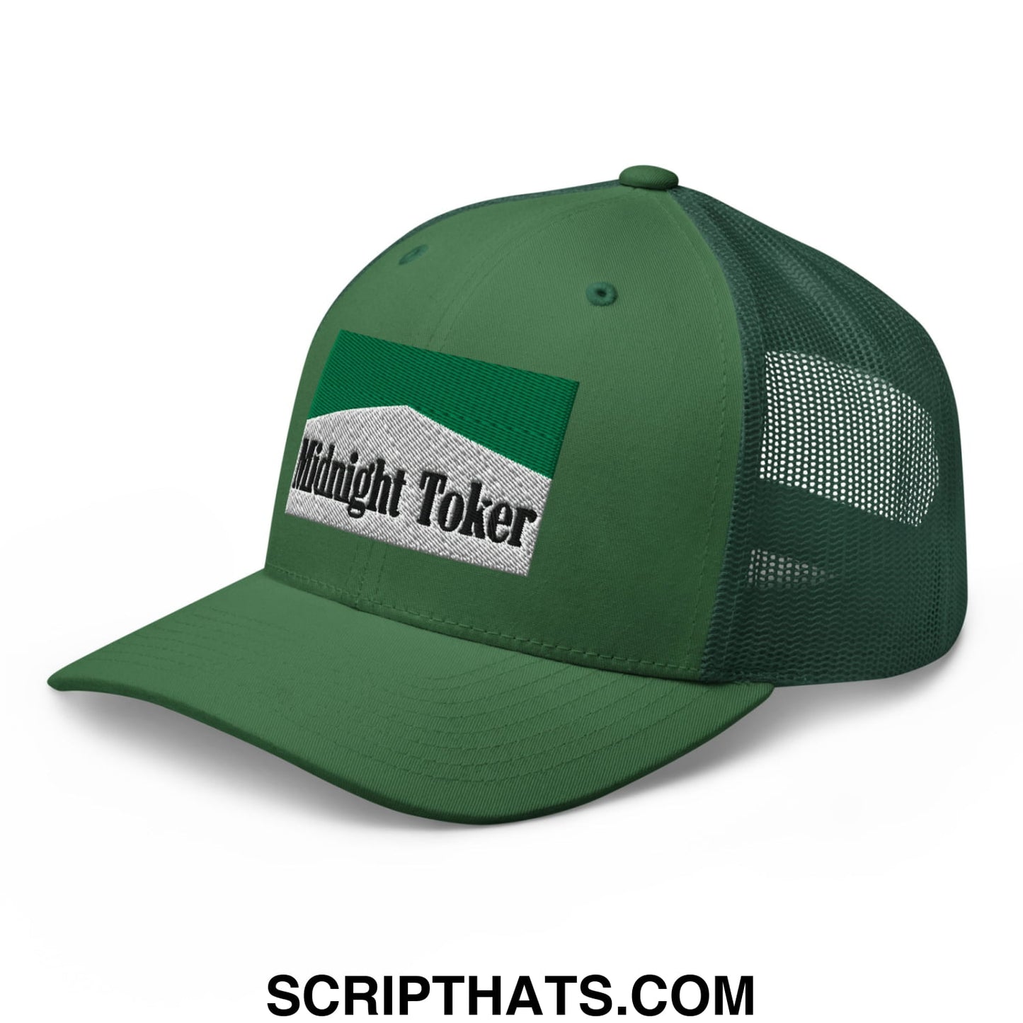 Midnight Toker Cigarette Menthol Green Embroidered Mesh Trucker Hat Evergreen