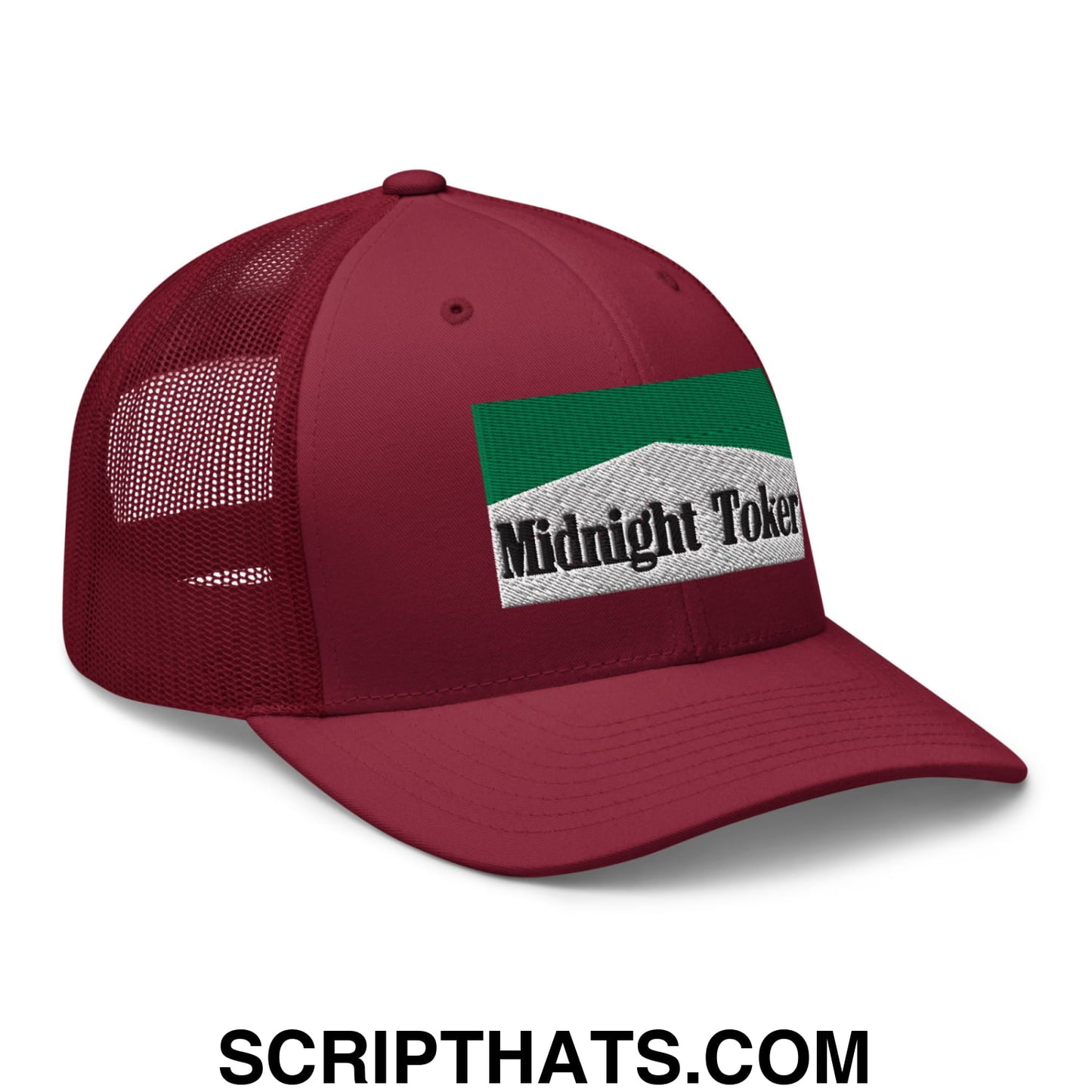 Midnight Toker Cigarette Menthol Green Embroidered Mesh Trucker Hat Cranberry