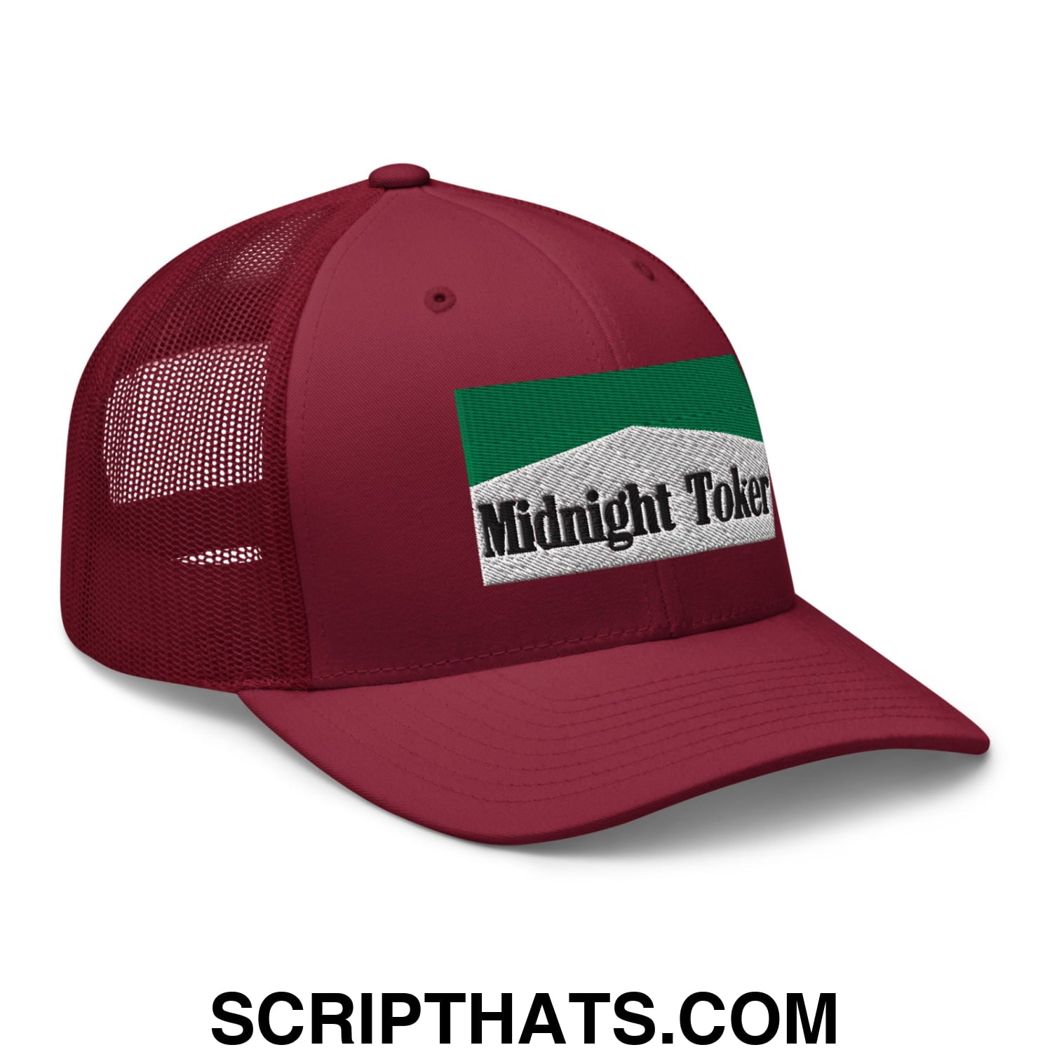 Midnight Toker Cigarette Menthol Green Embroidered Mesh Trucker Hat Cranberry