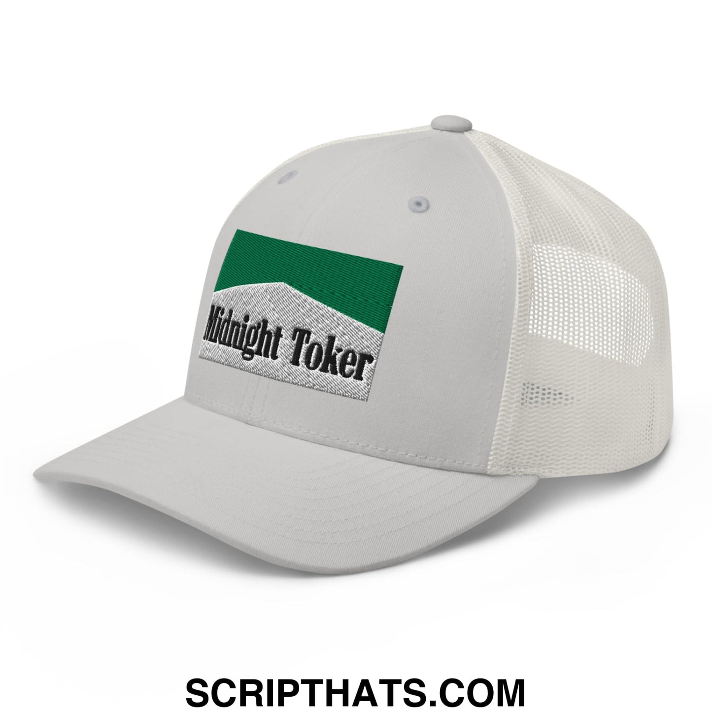 Midnight Toker Cigarette Menthol Green Embroidered Mesh Trucker Hat Silver