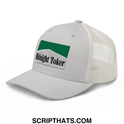 Midnight Toker Cigarette Menthol Green Embroidered Mesh Trucker Hat Silver