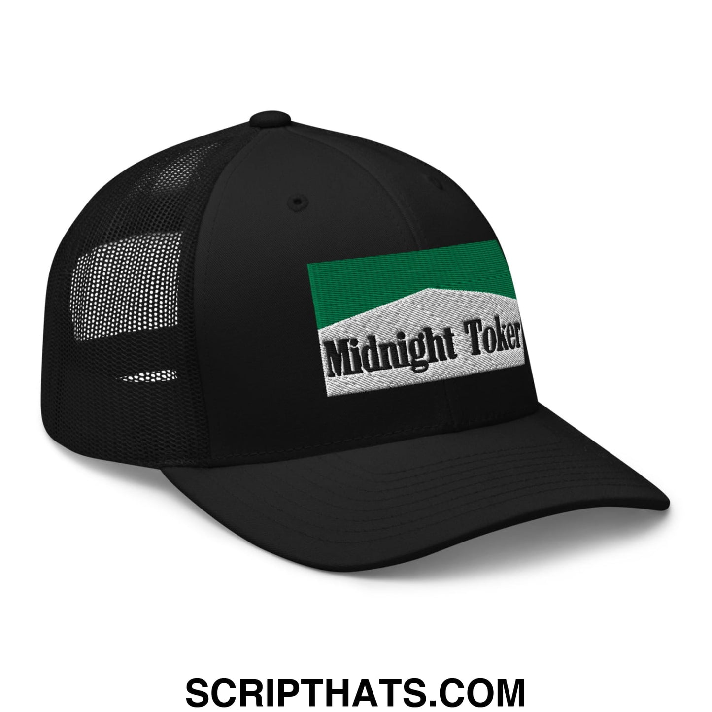 Midnight Toker Cigarette Menthol Green Embroidered Mesh Trucker Hat Black