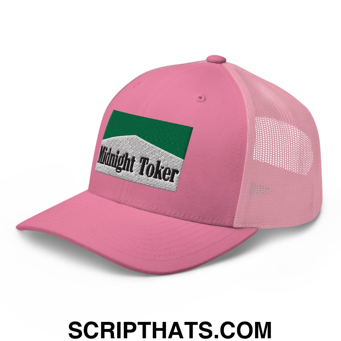 Midnight Toker Cigarette Menthol Green Embroidered Mesh Trucker Hat Pink