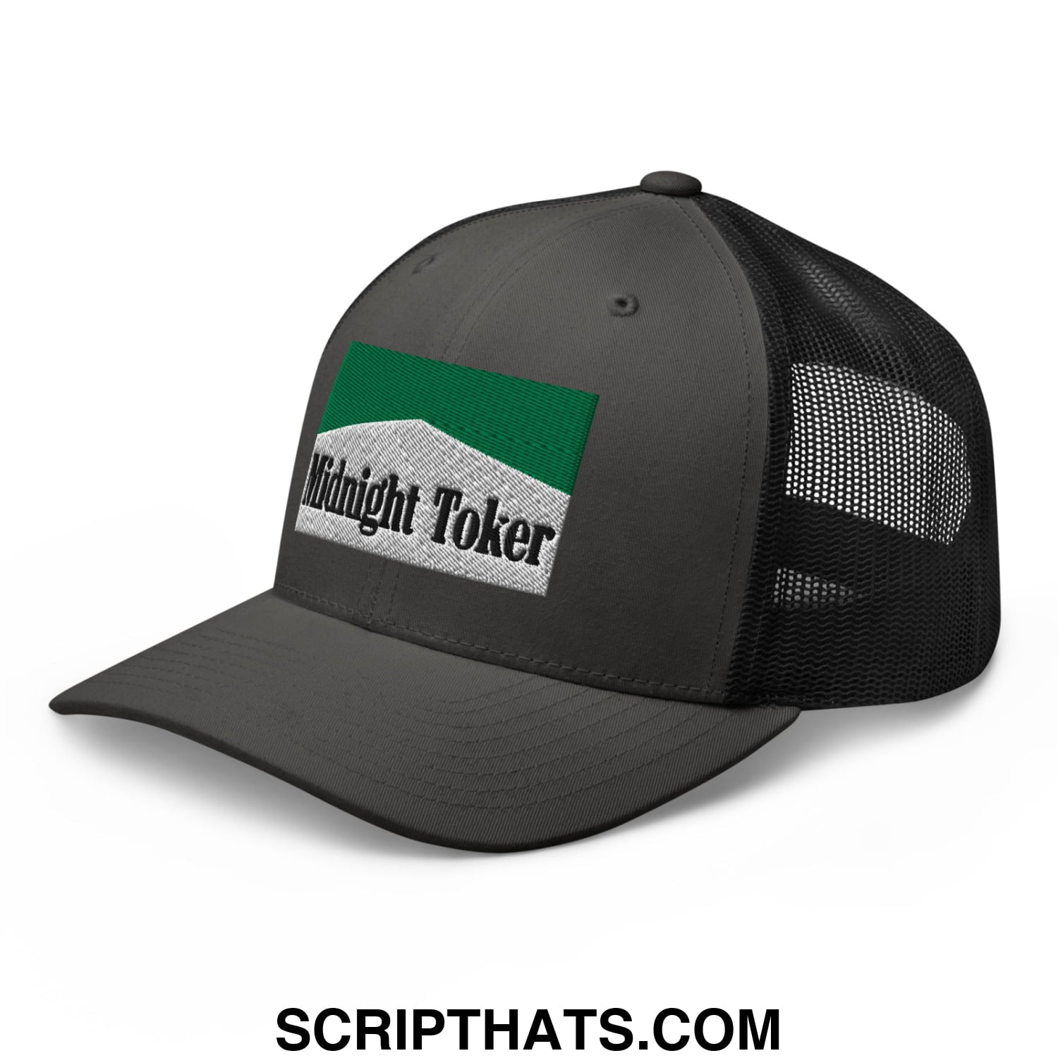 Midnight Toker Cigarette Menthol Green Embroidered Mesh Trucker Hat Charcoal Black