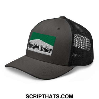 Midnight Toker Cigarette Menthol Green Embroidered Mesh Trucker Hat Charcoal Black