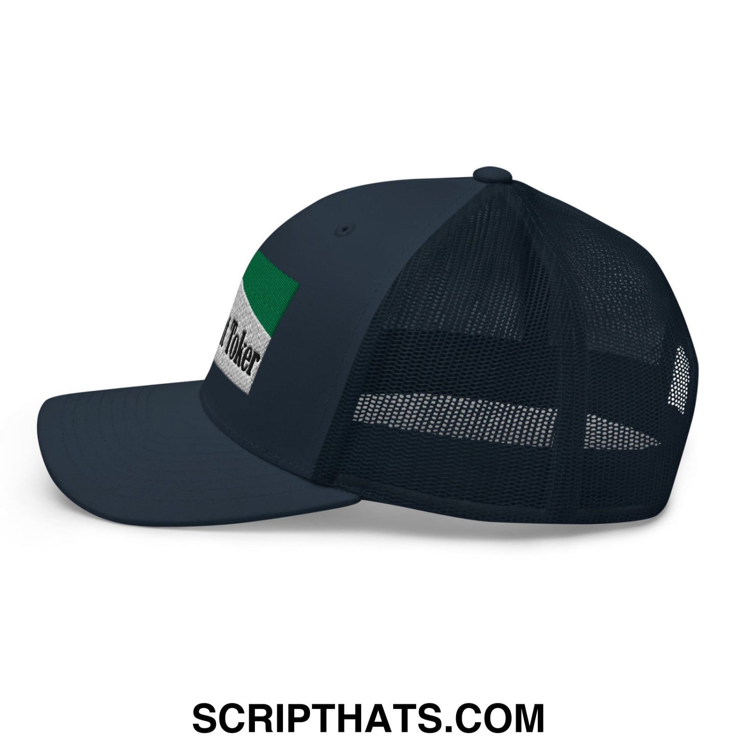 Midnight Toker Cigarette Menthol Green Embroidered Mesh Trucker Hat Navy
