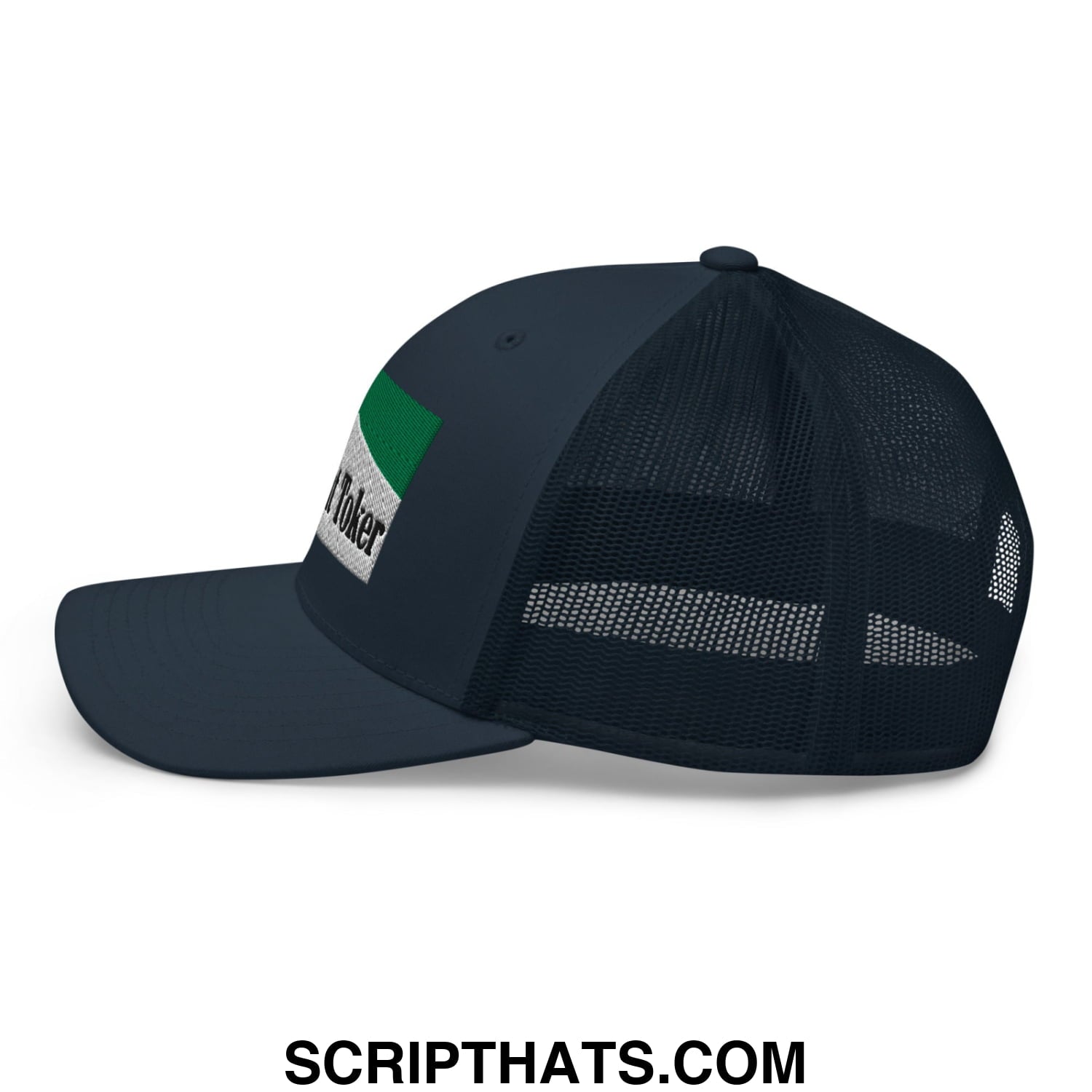 Midnight Toker Cigarette Menthol Green Embroidered Mesh Trucker Hat Navy