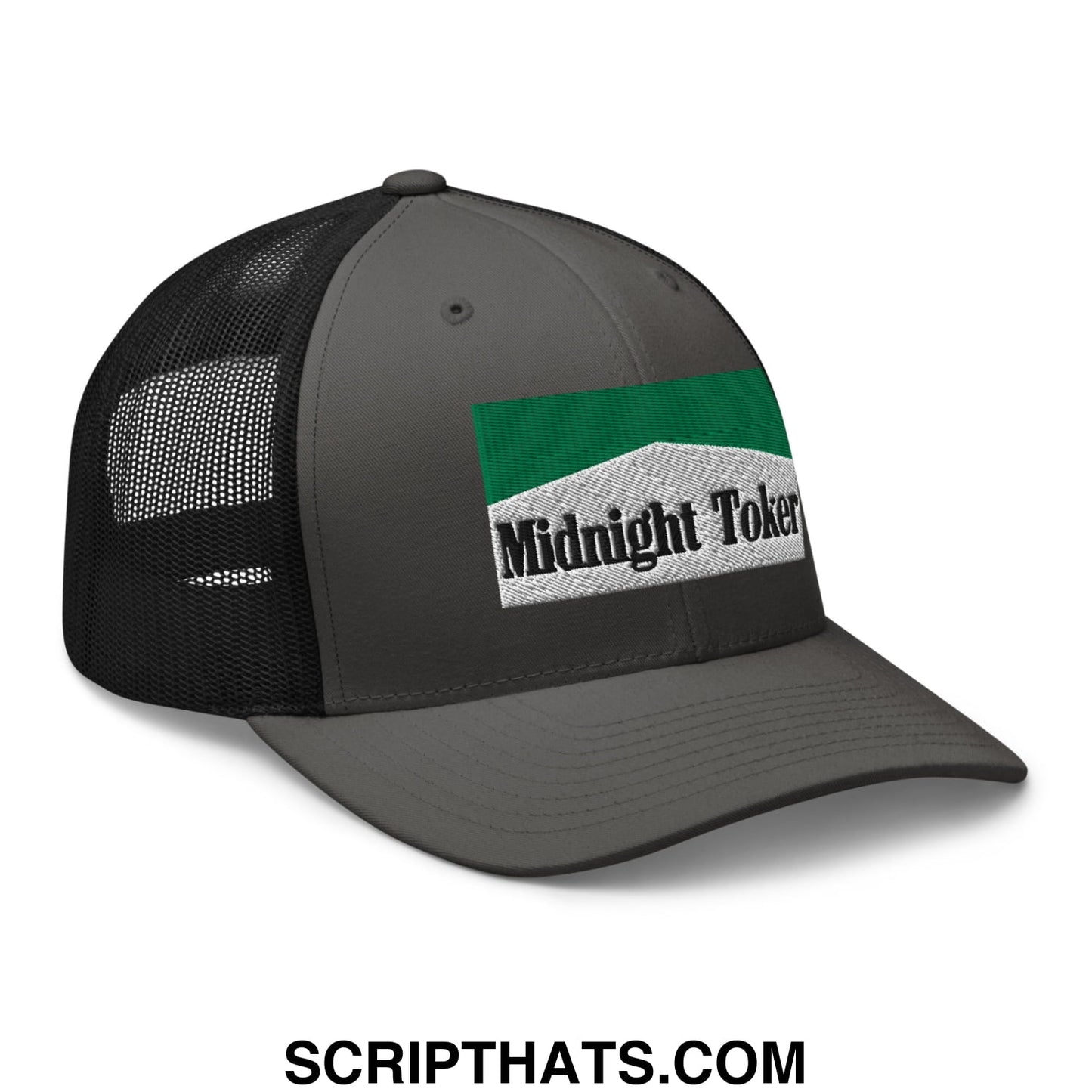 Midnight Toker Cigarette Menthol Green Embroidered Mesh Trucker Hat Charcoal Black